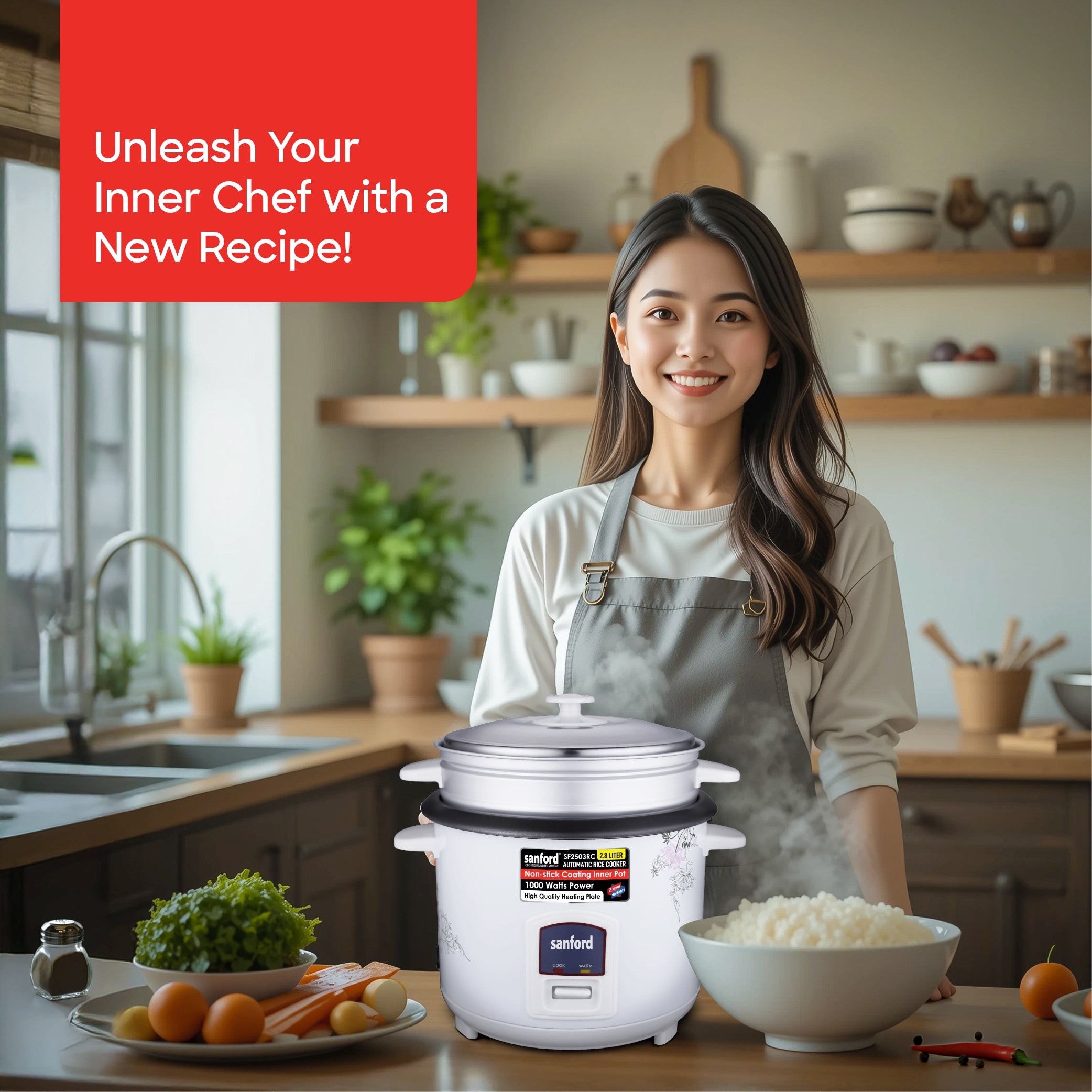 Sanford Rice Cooker 2.8L 1000W with Non-Stick Inner Pot, Stainless Steel Lid and Keep Warm - SF2503RC Sanford KSA