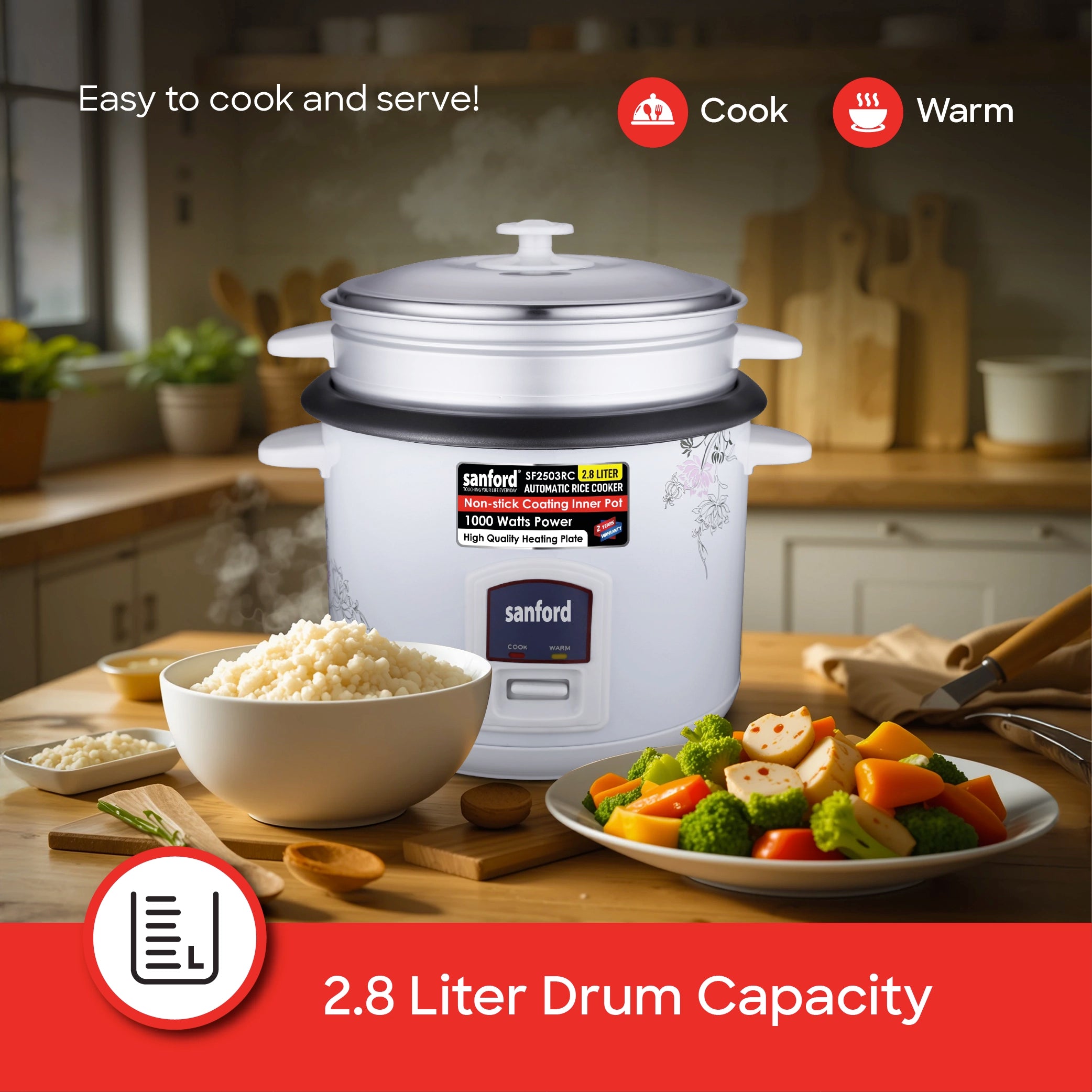 Sanford Rice Cooker 2.8L 1000W with Non-Stick Inner Pot, Stainless Steel Lid and Keep Warm - SF2503RC Sanford KSA