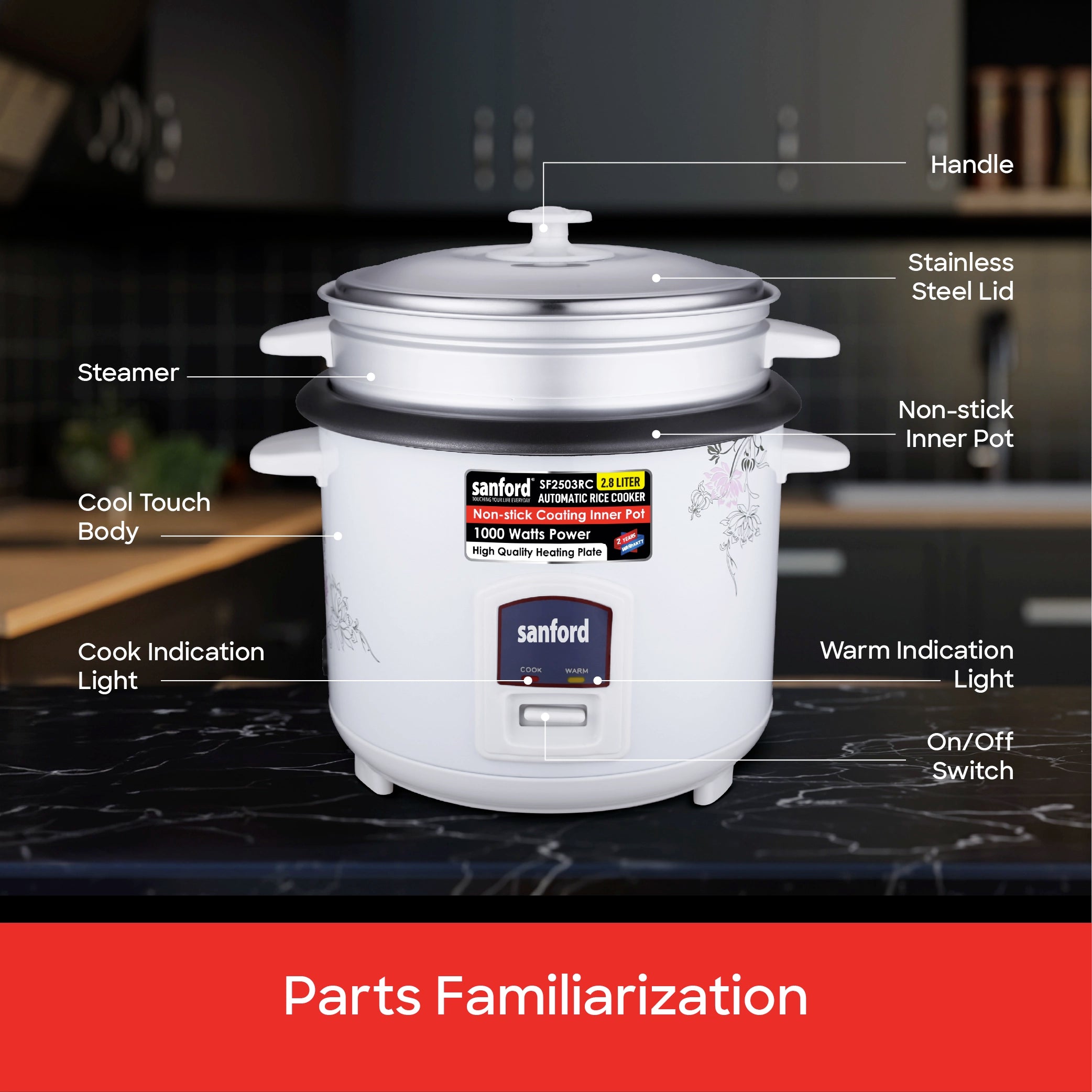 Sanford Rice Cooker 2.8L 1000W with Non-Stick Inner Pot, Stainless Steel Lid and Keep Warm - SF2503RC Sanford KSA