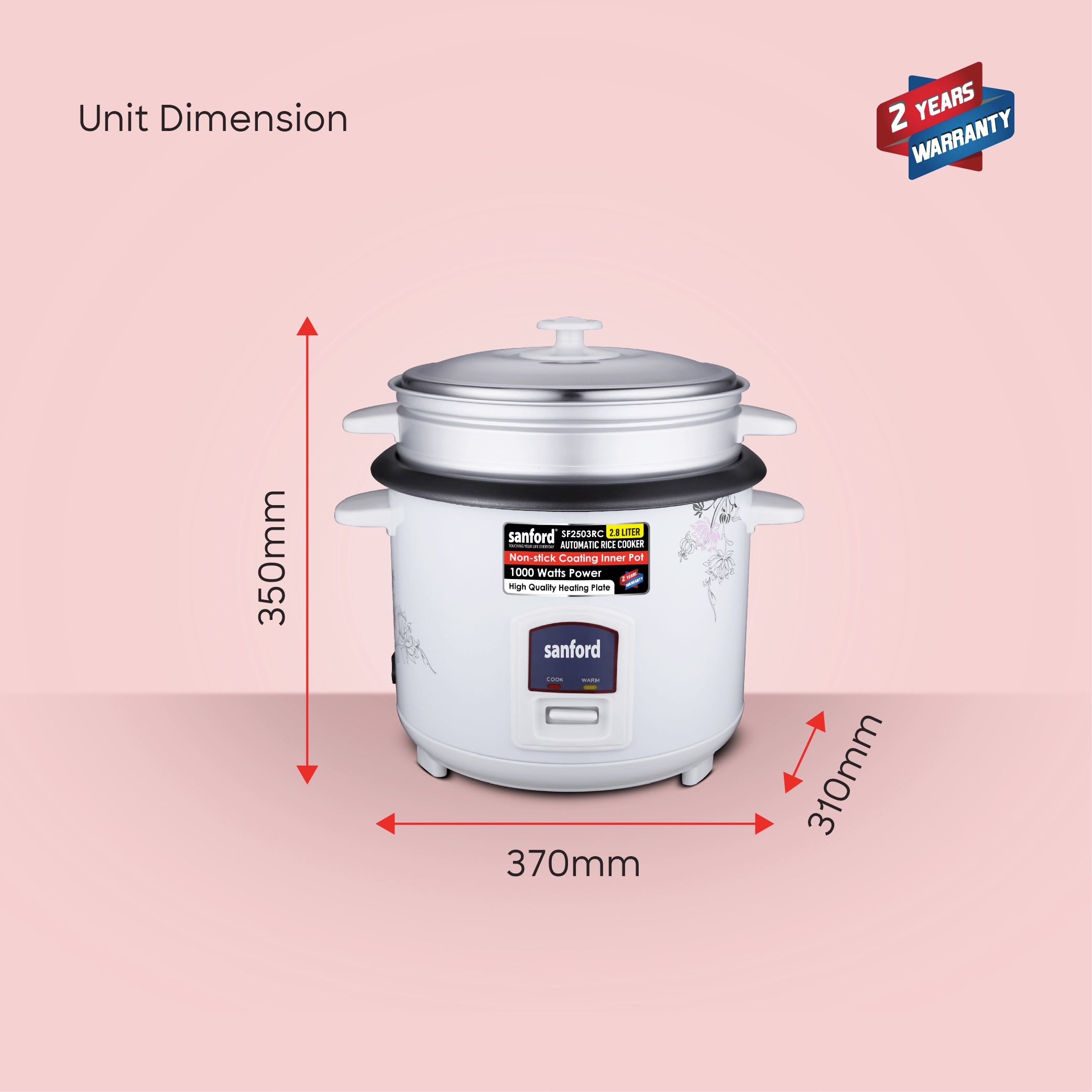 Sanford Rice Cooker 2.8L 1000W with Non-Stick Inner Pot, Stainless Steel Lid and Keep Warm - SF2503RC Sanford KSA