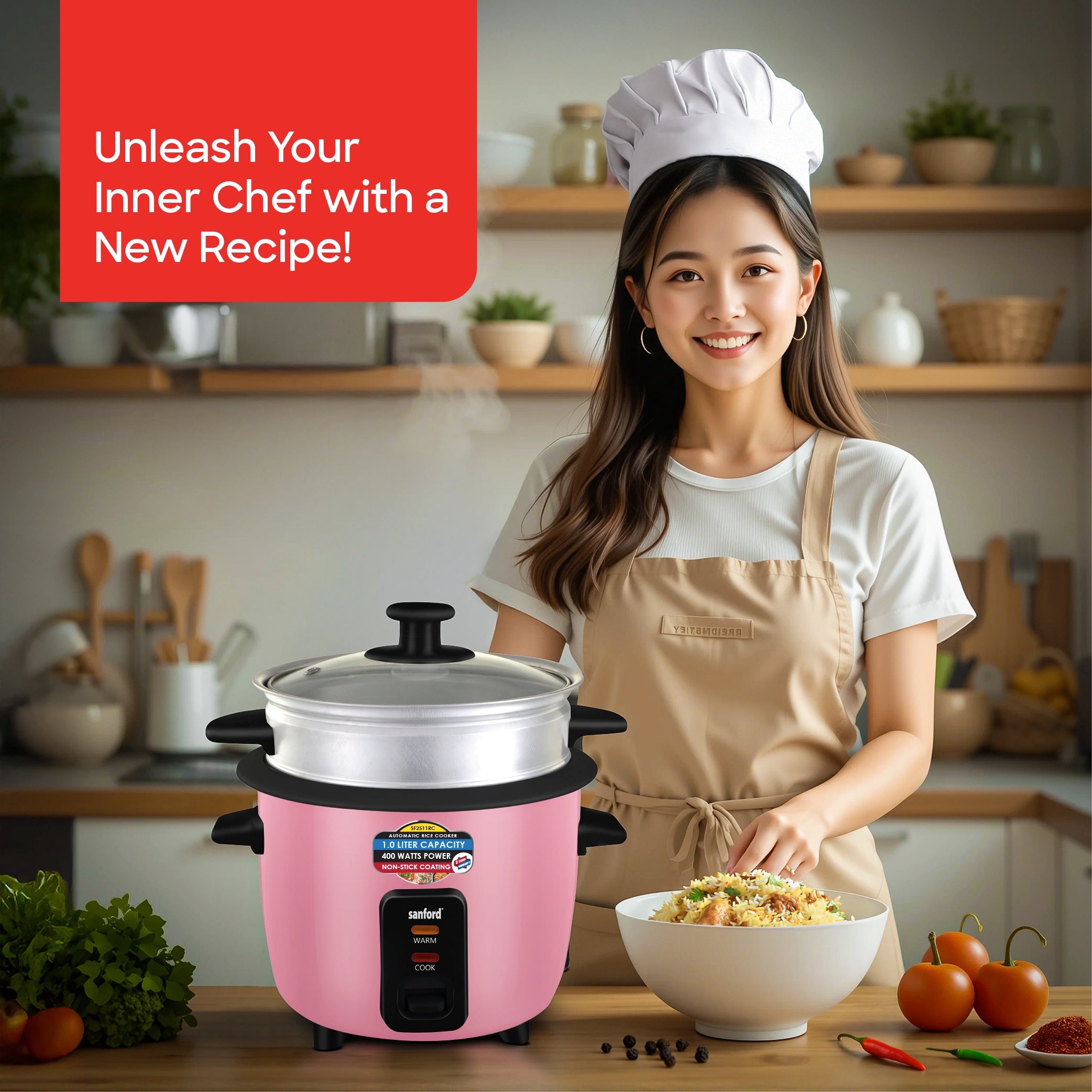 Sanford Rice Cooker 1.0L with Non-Stick Inner Pot, Stainless Steel Lid and Keep Warm - SF2511RC Sanford KSA