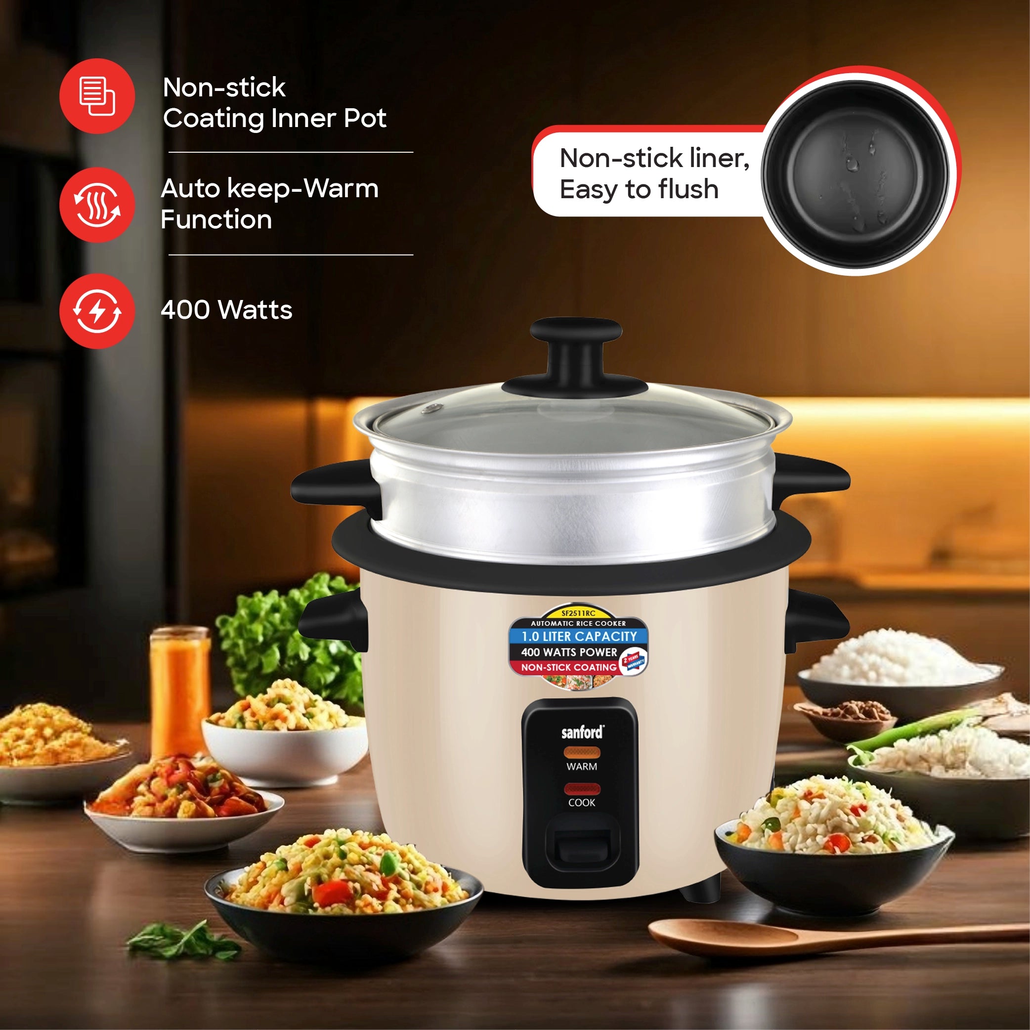 Sanford Rice Cooker 1.0L with Non-Stick Inner Pot, Stainless Steel Lid and Keep Warm - SF2511RC Sanford KSA