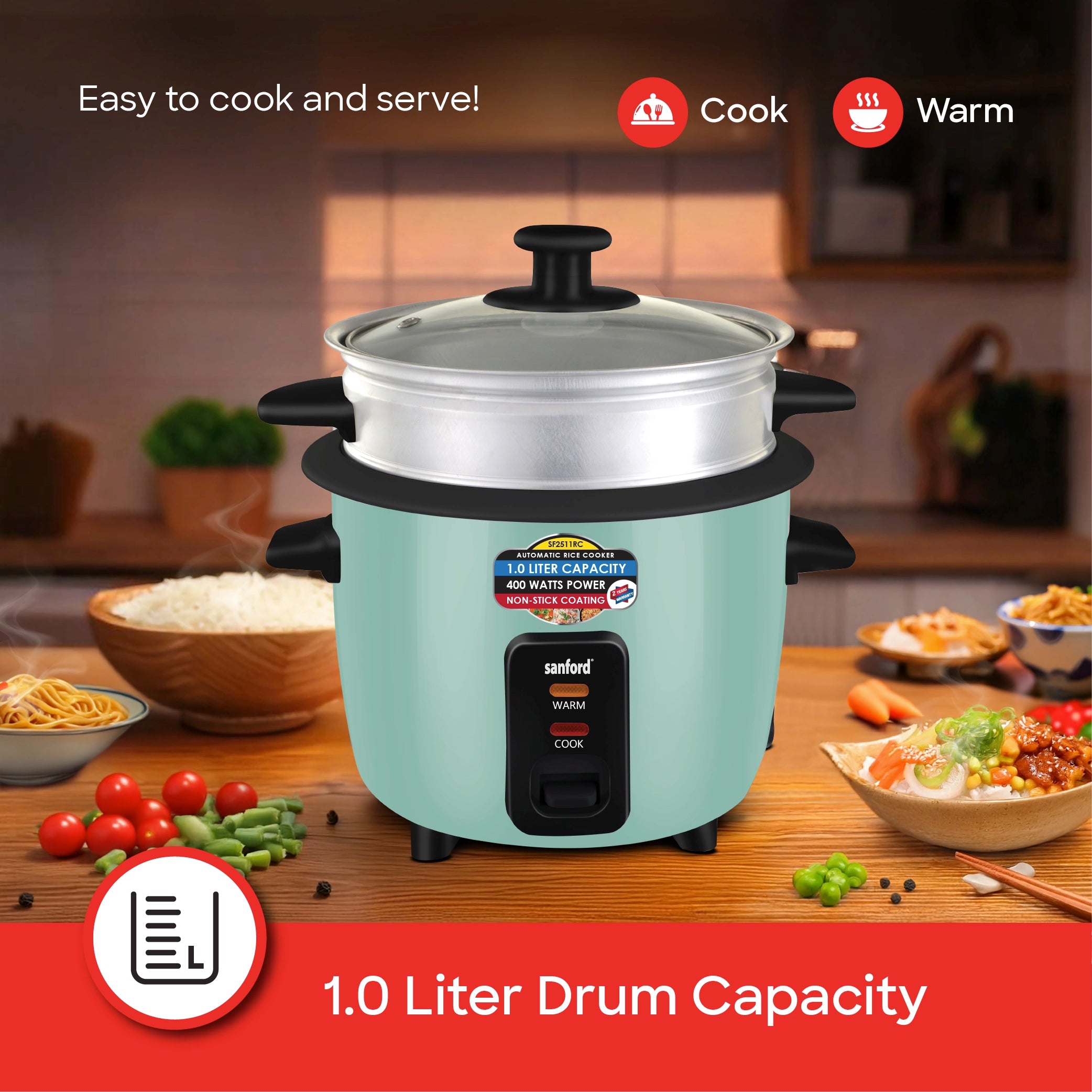 Sanford Rice Cooker 1.0L with Non-Stick Inner Pot, Stainless Steel Lid and Keep Warm - SF2511RC Sanford KSA