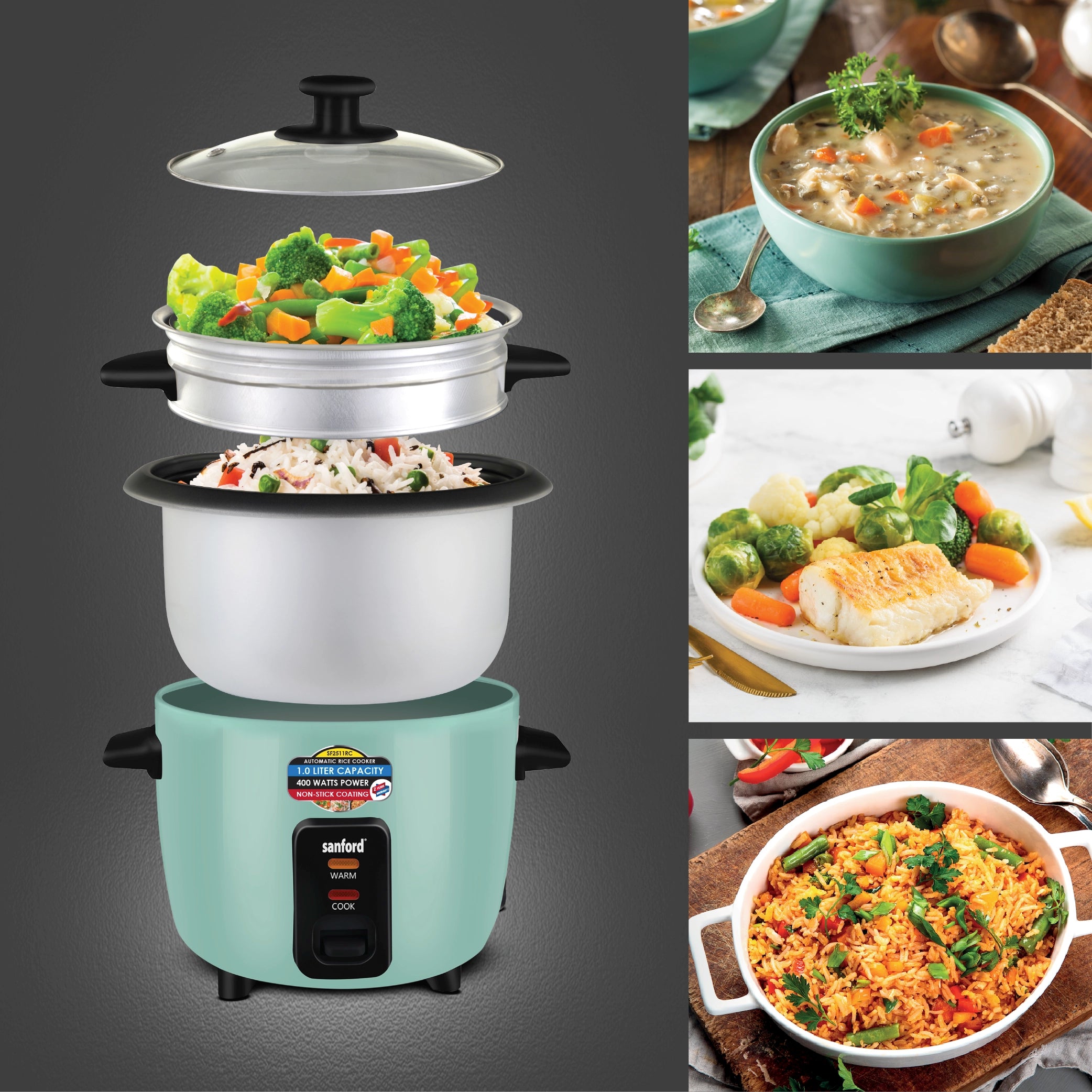 Sanford Rice Cooker 1.0L with Non-Stick Inner Pot, Stainless Steel Lid and Keep Warm - SF2511RC Sanford KSA
