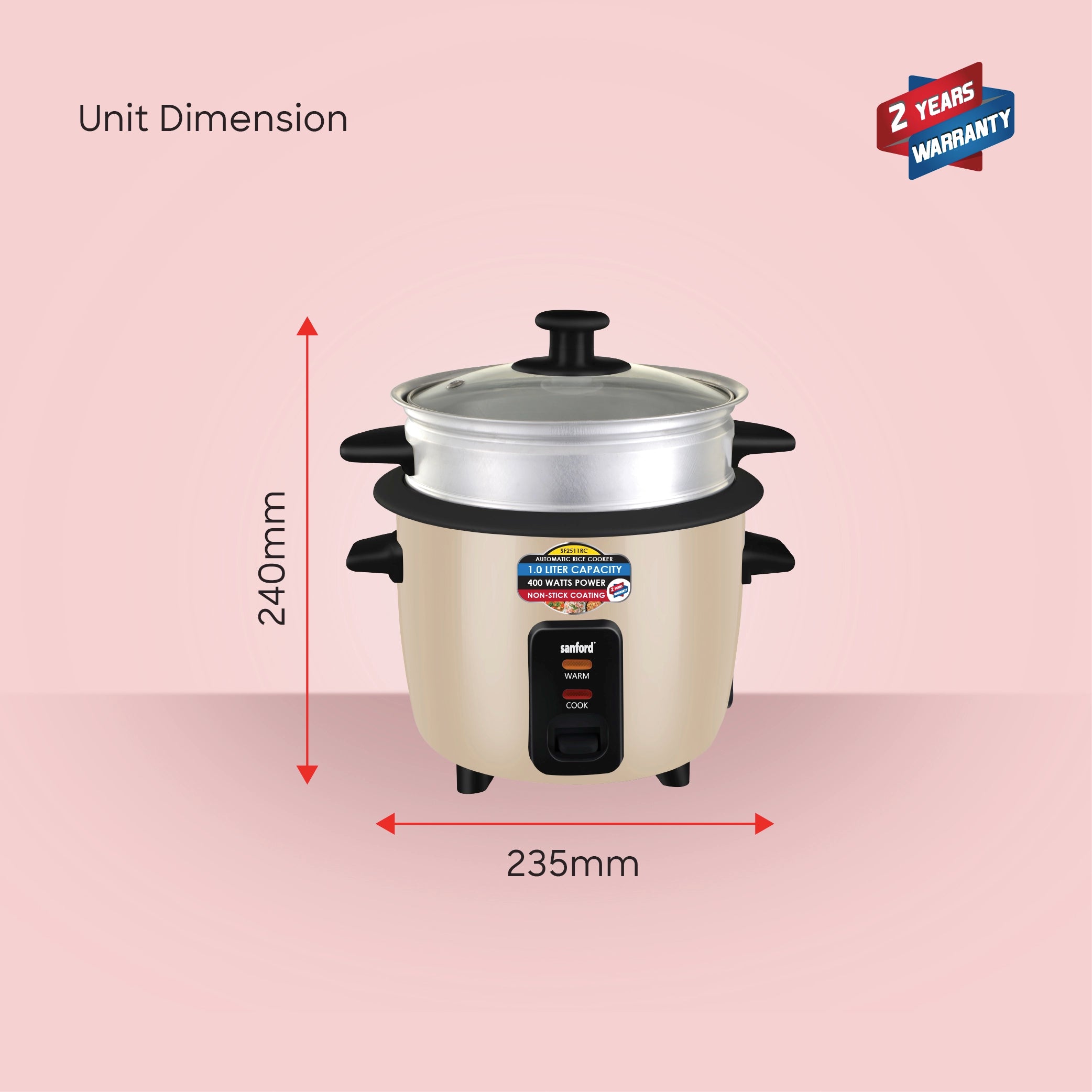 Sanford Rice Cooker 1.0L with Non-Stick Inner Pot, Stainless Steel Lid and Keep Warm - SF2511RC Sanford KSA