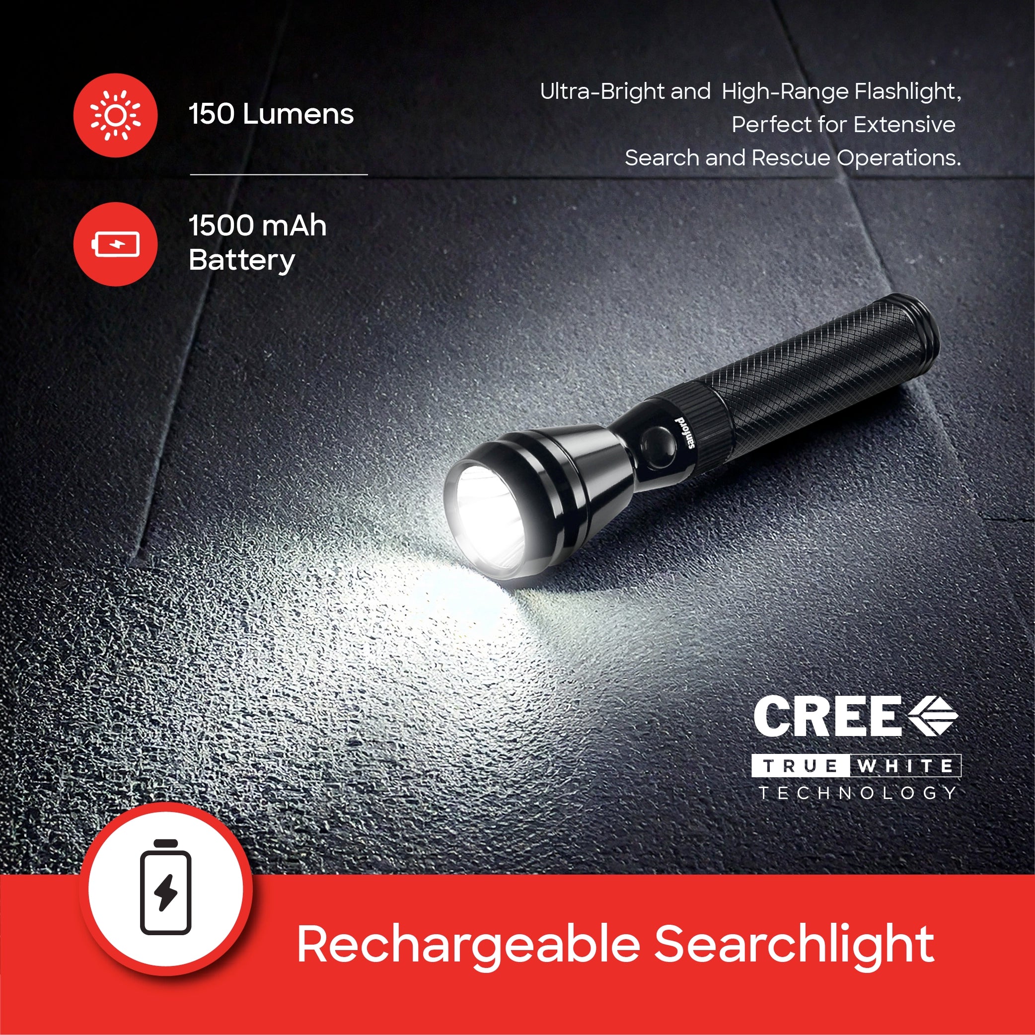 Sanford LED Flashlight Torch 5W Rechargeable Army Series 900m Range Durable CREE Beam - SF2637SL Sanford KSA