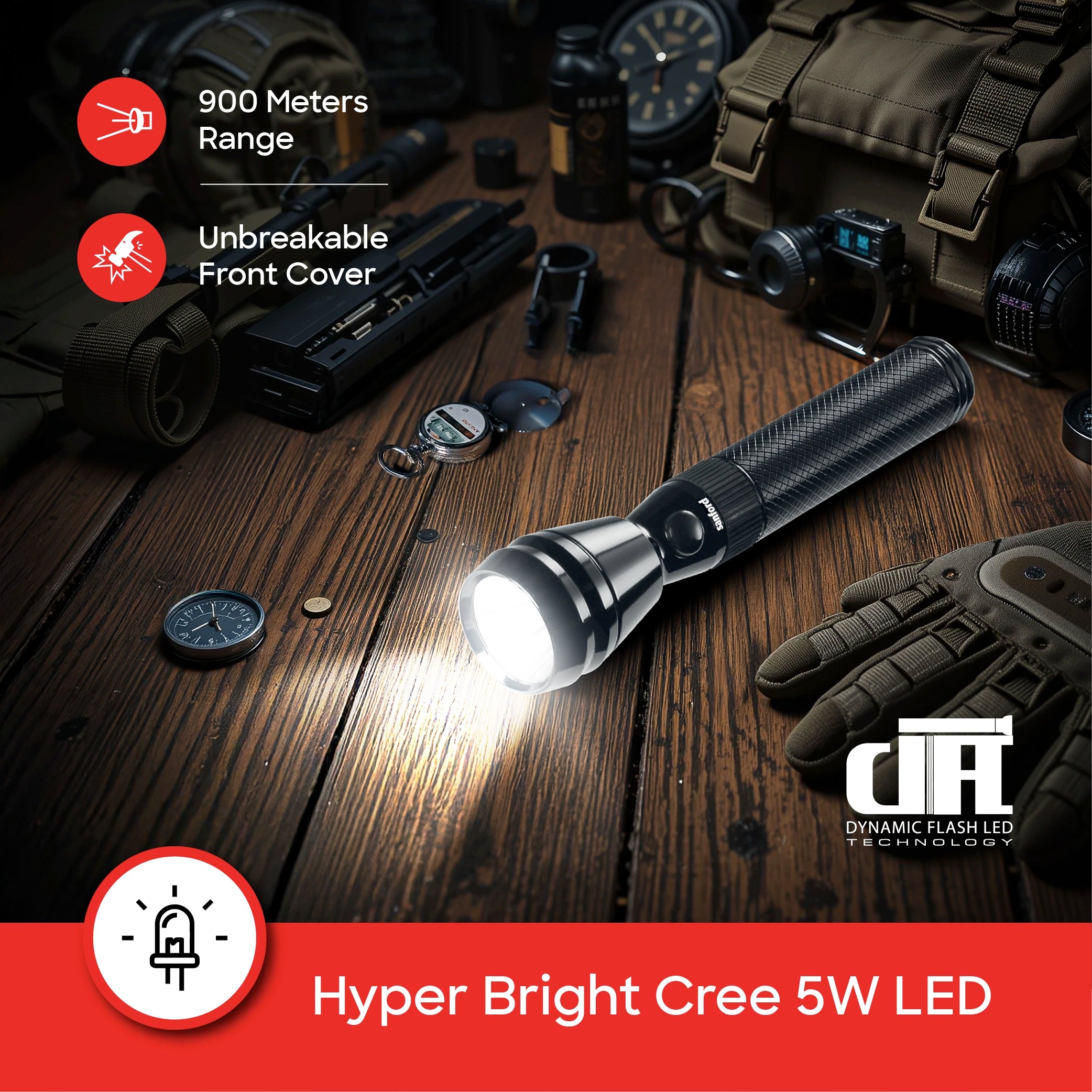 Sanford LED Flashlight Torch 5W Rechargeable Army Series 900m Range Durable CREE Beam - SF2637SL Sanford KSA