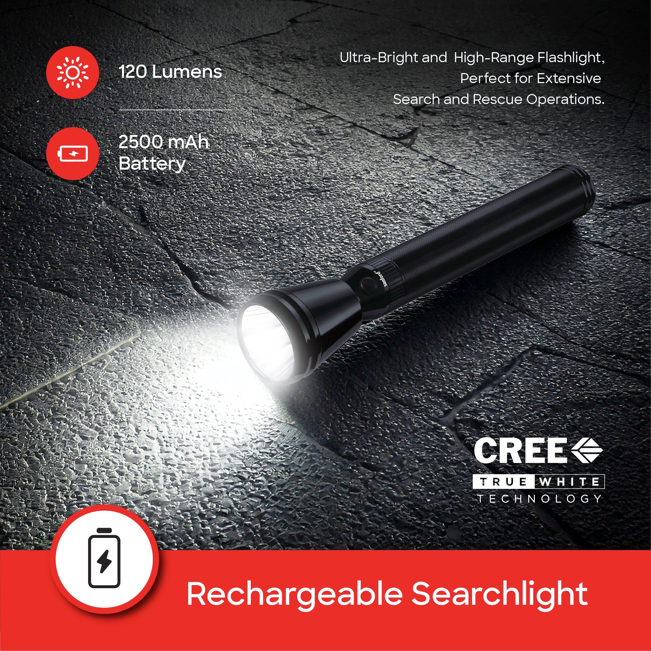 Sanford LED Flashlight Torch 5W Rechargeable Army Series 1000m Range Outdoor CREE Beam - SF2638SL Sanford KSA
