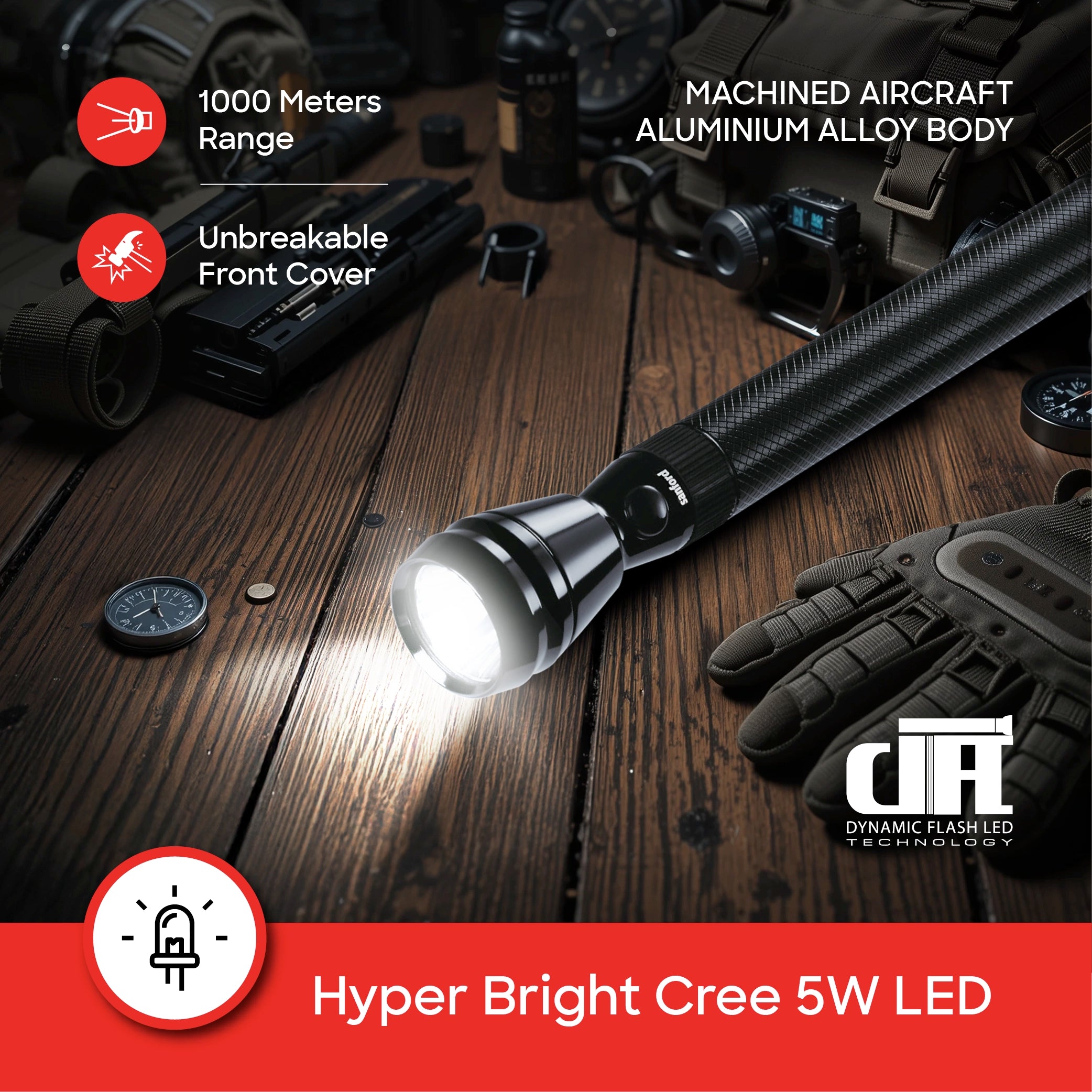Sanford LED Flashlight Torch 5W Rechargeable Army Series 1000m Range Outdoor CREE Beam - SF2638SL Sanford KSA