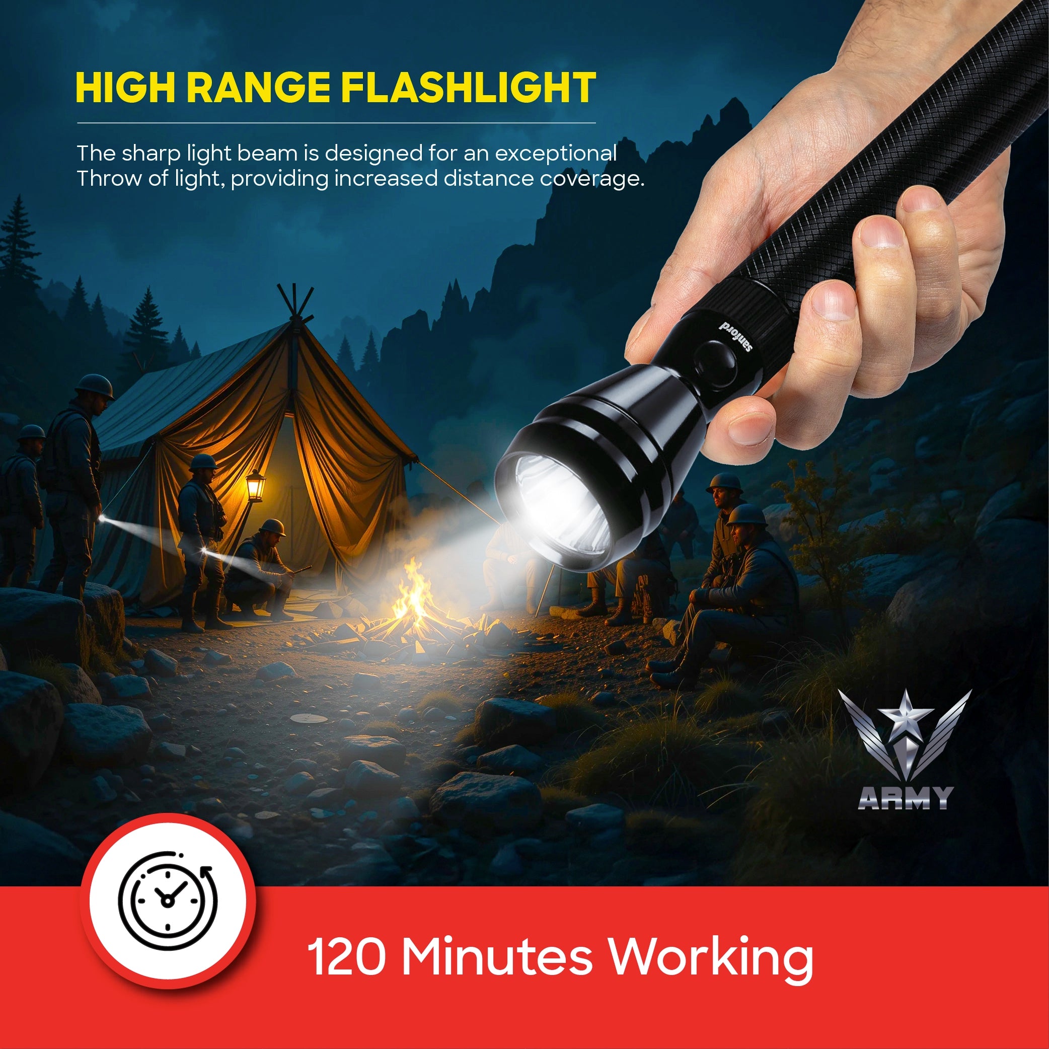Sanford LED Flashlight Torch 5W Rechargeable Army Series 1000m Range Outdoor CREE Beam - SF2638SL Sanford KSA