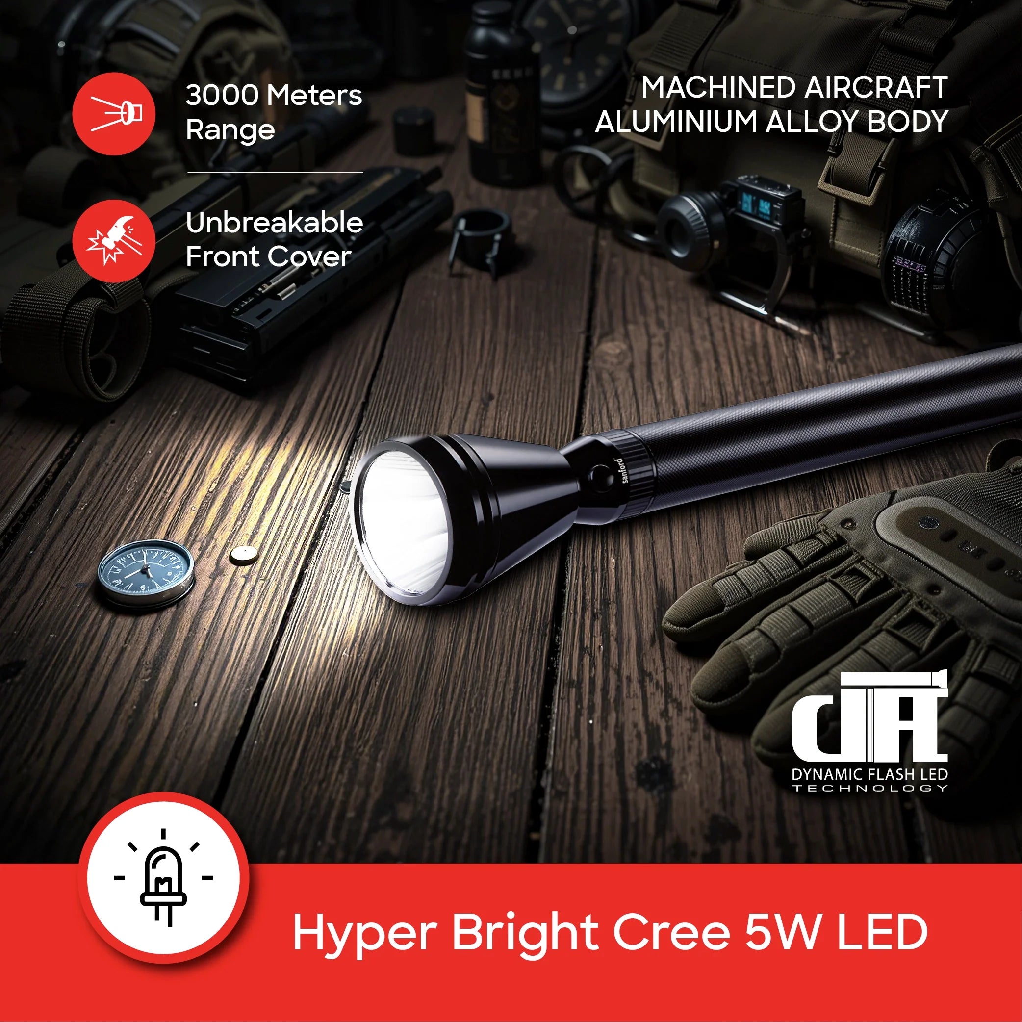 LED flashlight 3W 2100m range 7 hour runtime sanford 4