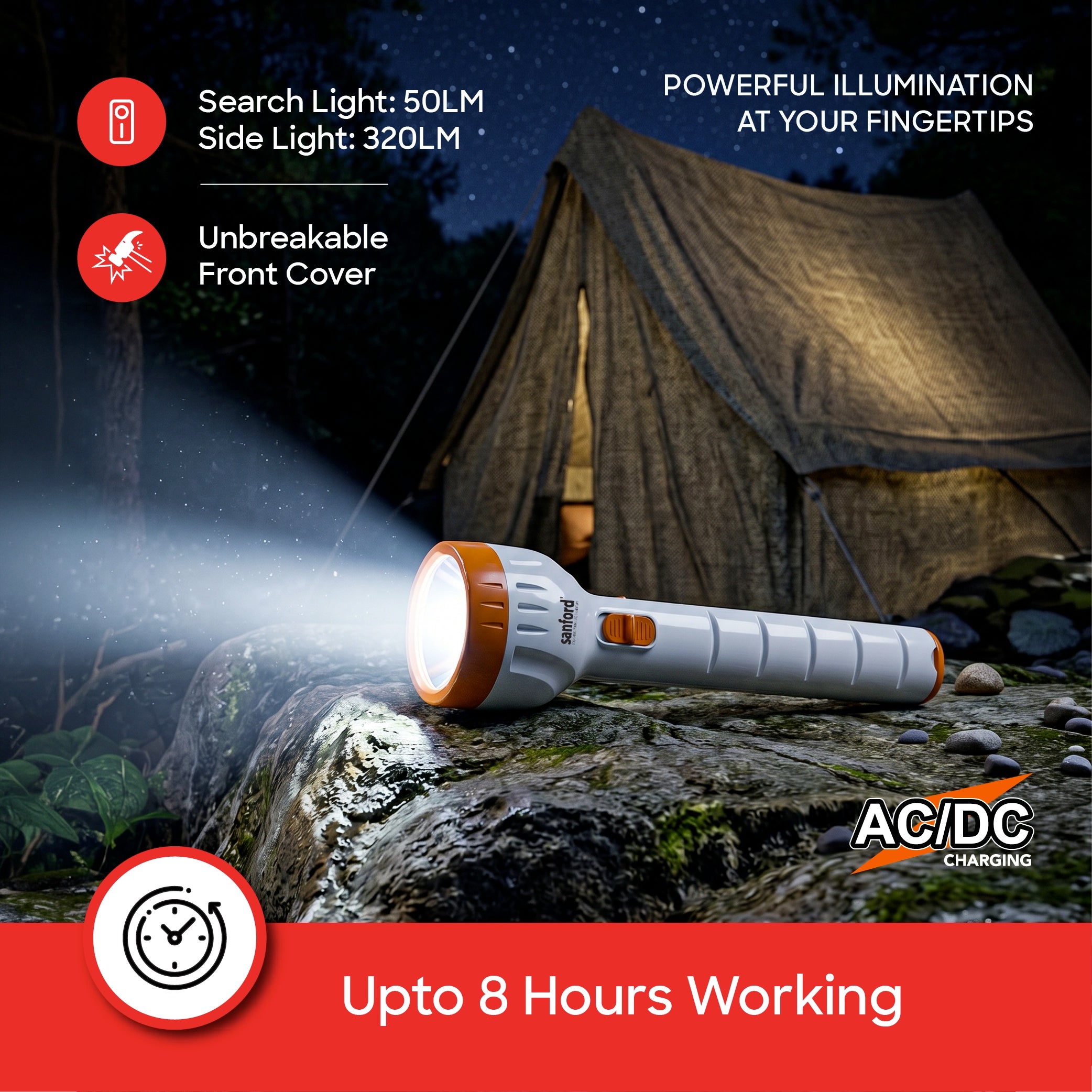 Sanford Rechargeable LED Searchlight 2W 52 SMD Side Light AC DC Charging - SF2666SL Sanford KSA