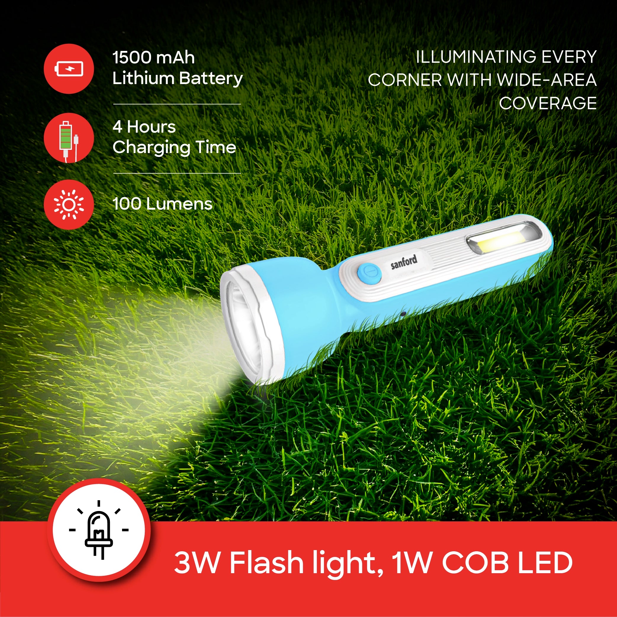 Sanford LED Flashlight Torch 3W Rechargeable USB COB LED 1500mAh Portable Lighting - SF2665SL Sanford KSA