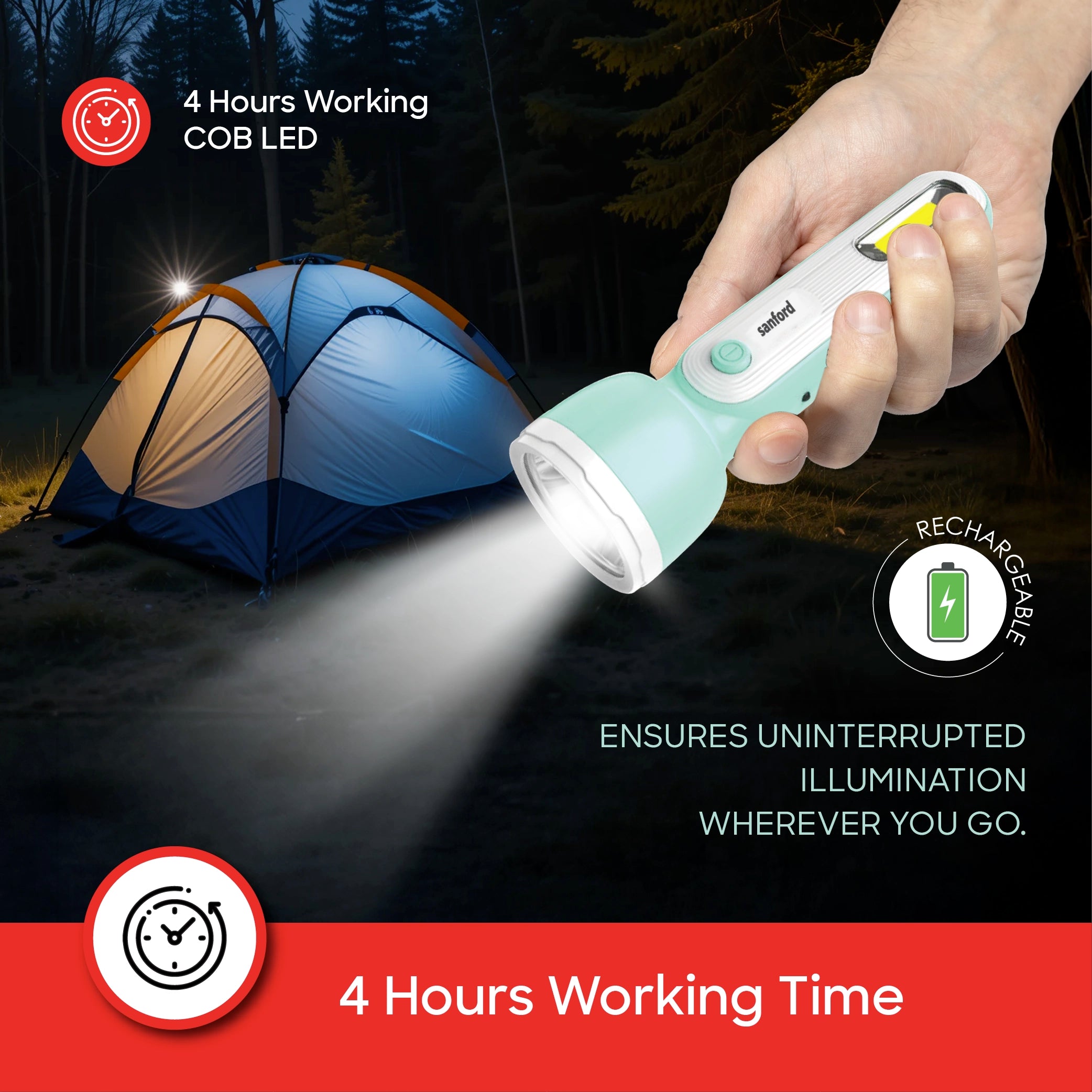 Sanford LED Flashlight Torch 3W Rechargeable USB COB LED 1500mAh Portable Lighting - SF2665SL Sanford KSA