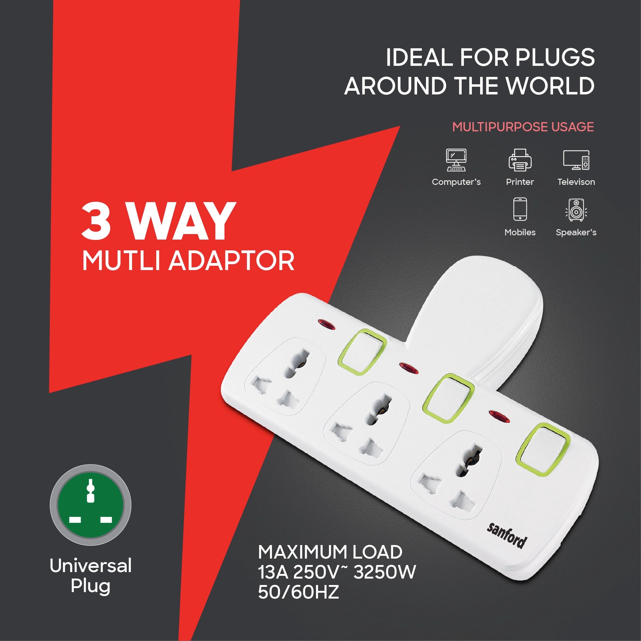 Sanford 3-Way High Load Universal Multi Adaptor 3250W Design - SF285ADP Sanford KSA