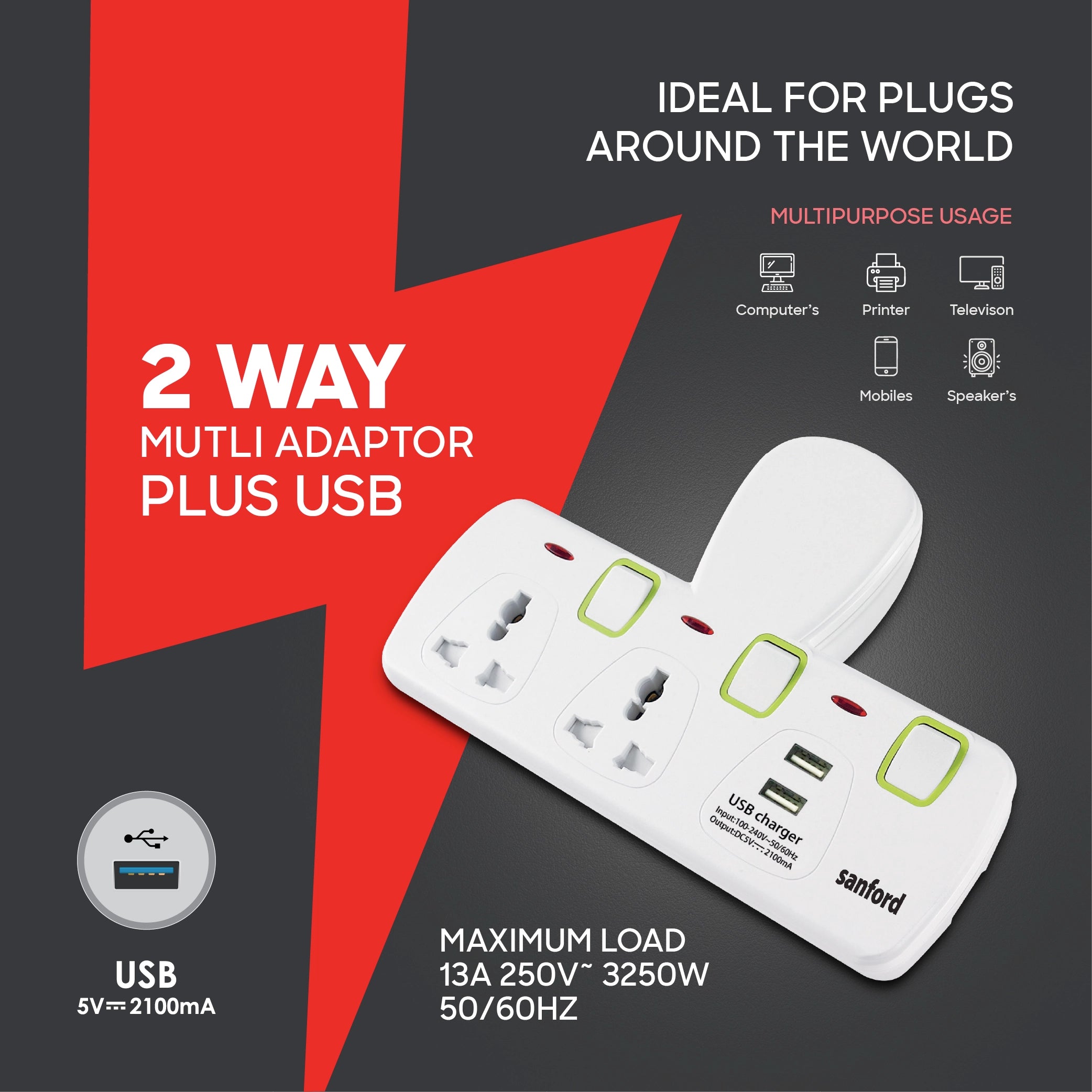 Sanford 2-Way Multi Adaptor with Dual USB Charging Ports 2100mA - SF286ADP Sanford KSA
