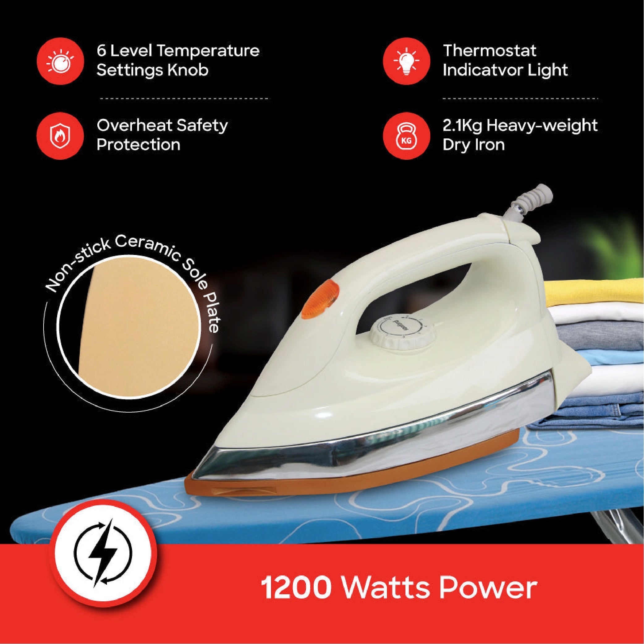 Sanford Dry Iron 1200W Heavy Weight with Non-Stick Ceramic Soleplate and 6-Level Temperature Control - SF28DI Sanford KSA