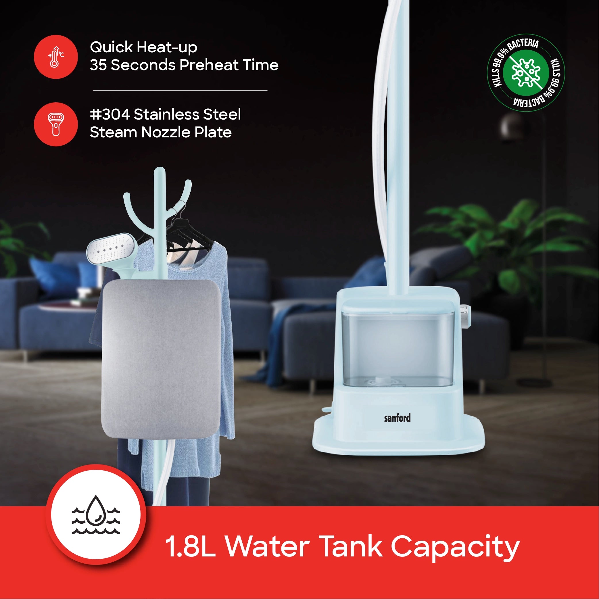 Sanford Standing Garment Steamer with Stainless Steel Plate and Ironing Board - SF2911GS Sanford KSA