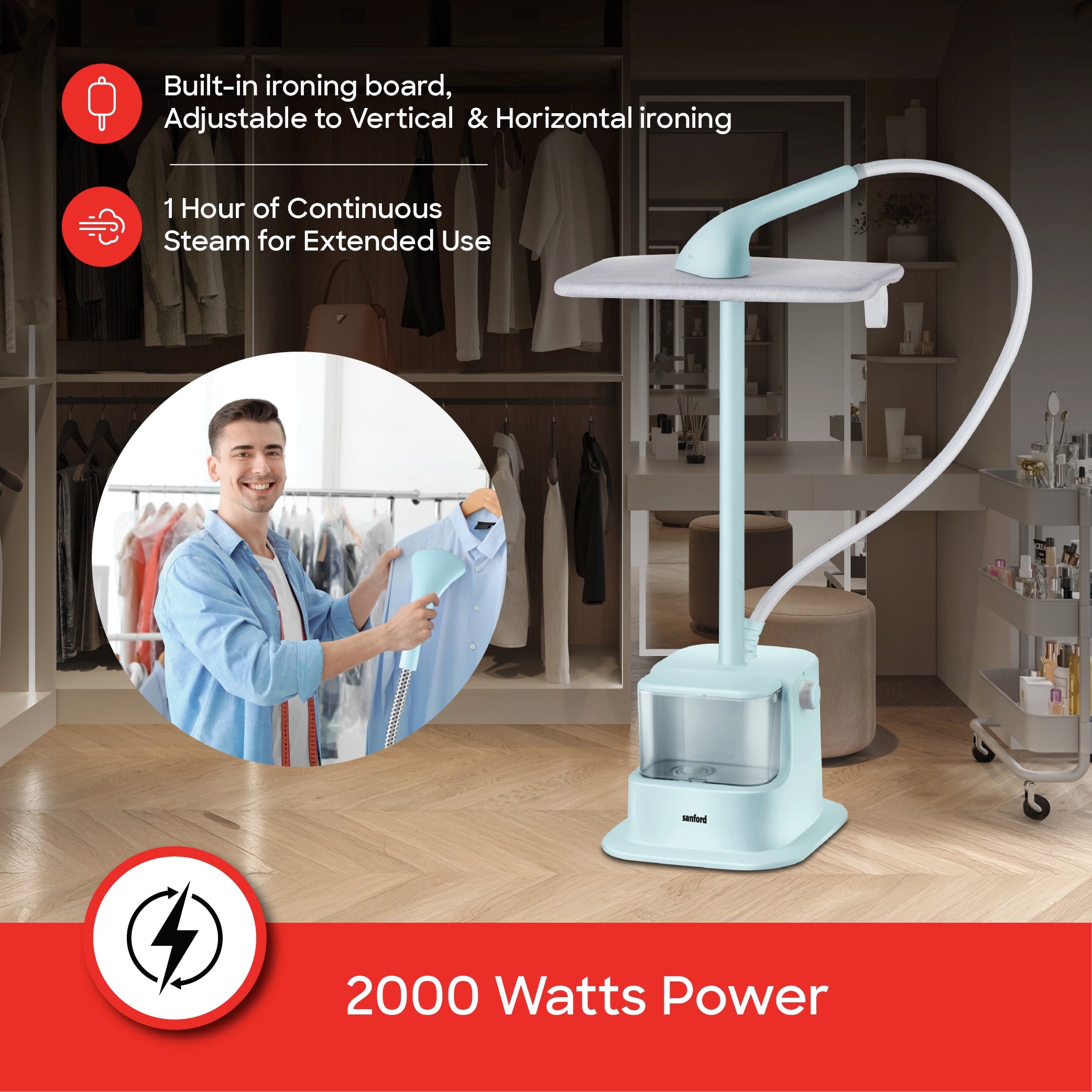 Sanford Standing Garment Steamer with Stainless Steel Plate and Ironing Board - SF2911GS Sanford KSA