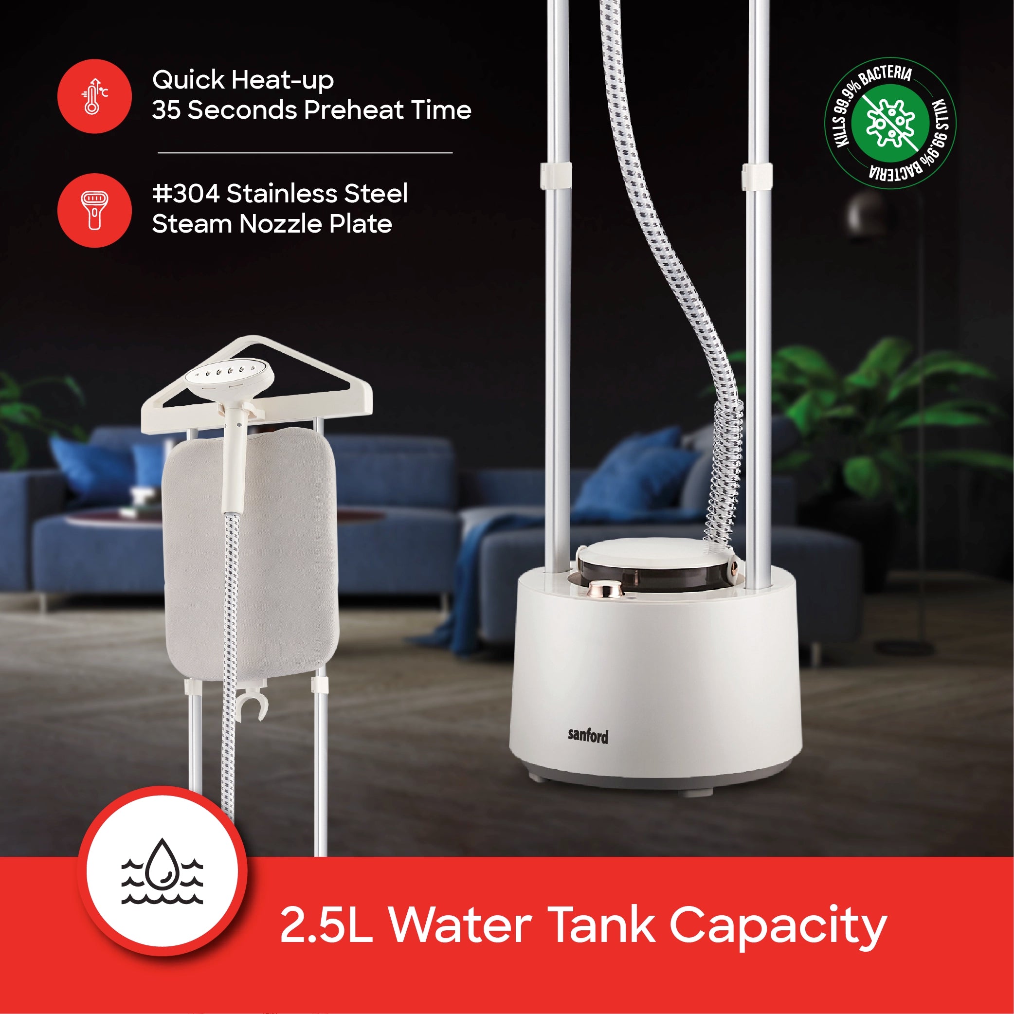 Sanford Garment Steamer with Stainless Steel Plate and Built-In Ironing Board - SF2912GS Sanford KSA