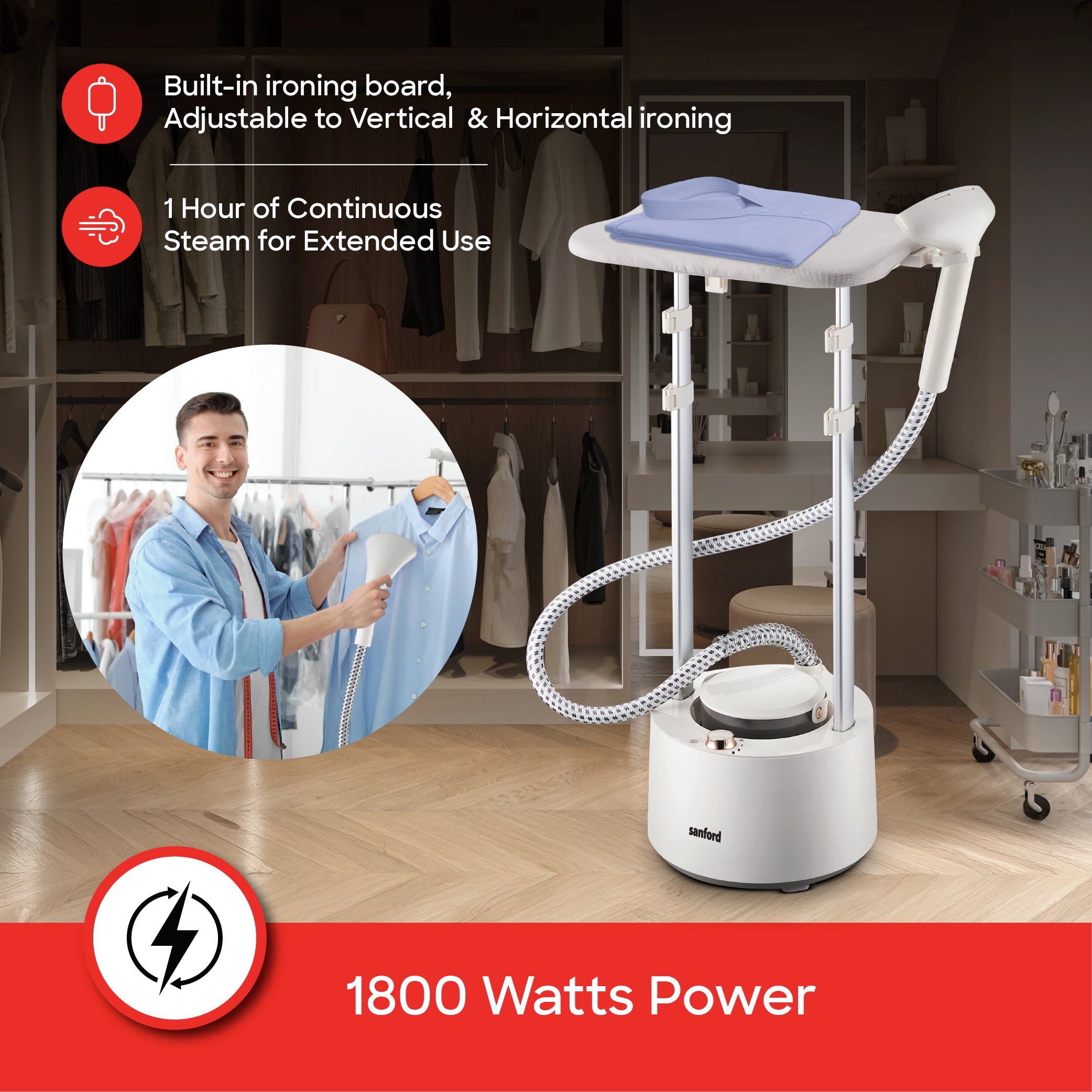 Sanford Garment Steamer with Stainless Steel Plate and Built-In Ironing Board - SF2912GS Sanford KSA