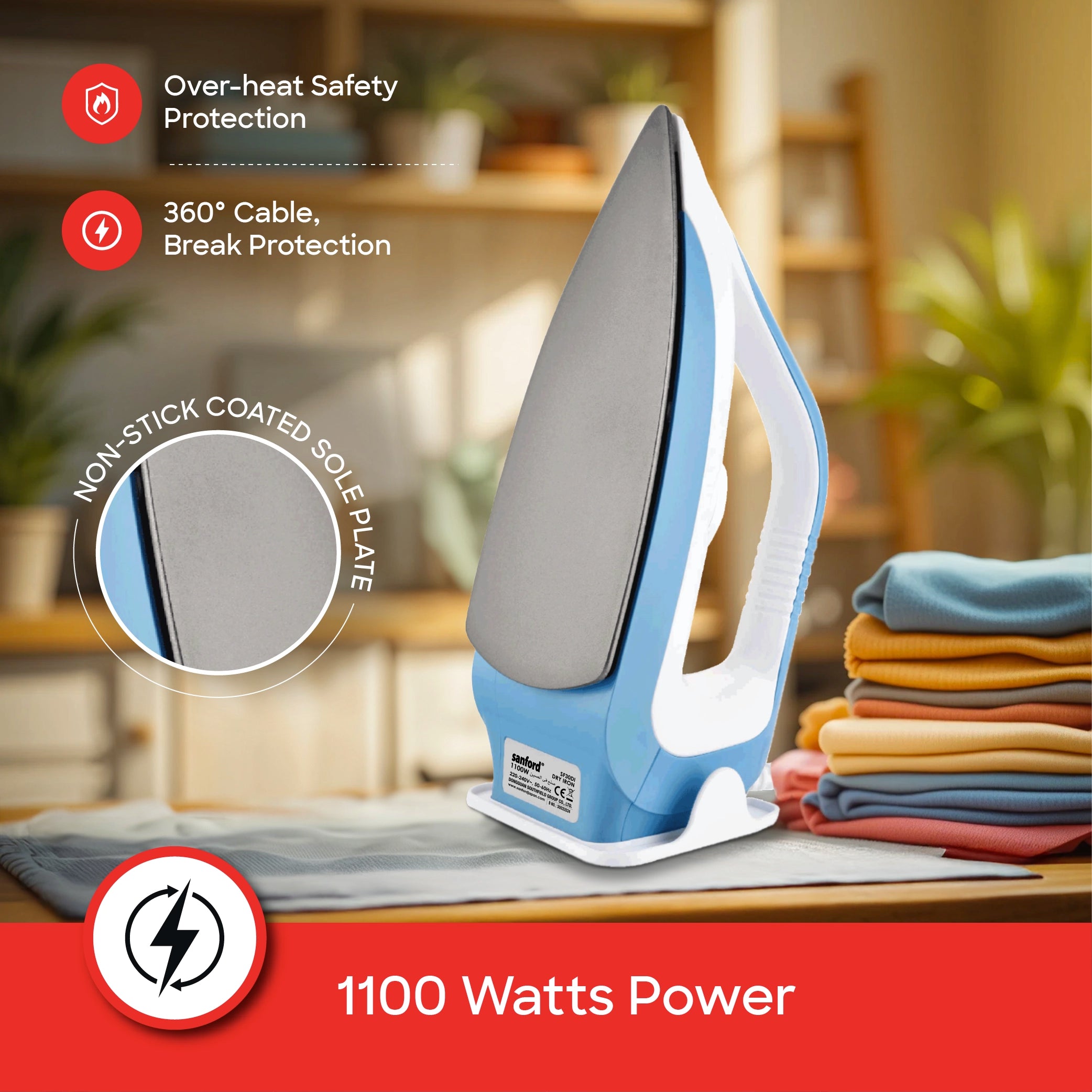 Sanford Dry Iron Heavy Weight 1100W with Non-Stick Soleplate, Adjustable Heat Control - SF30DI Sanford KSA