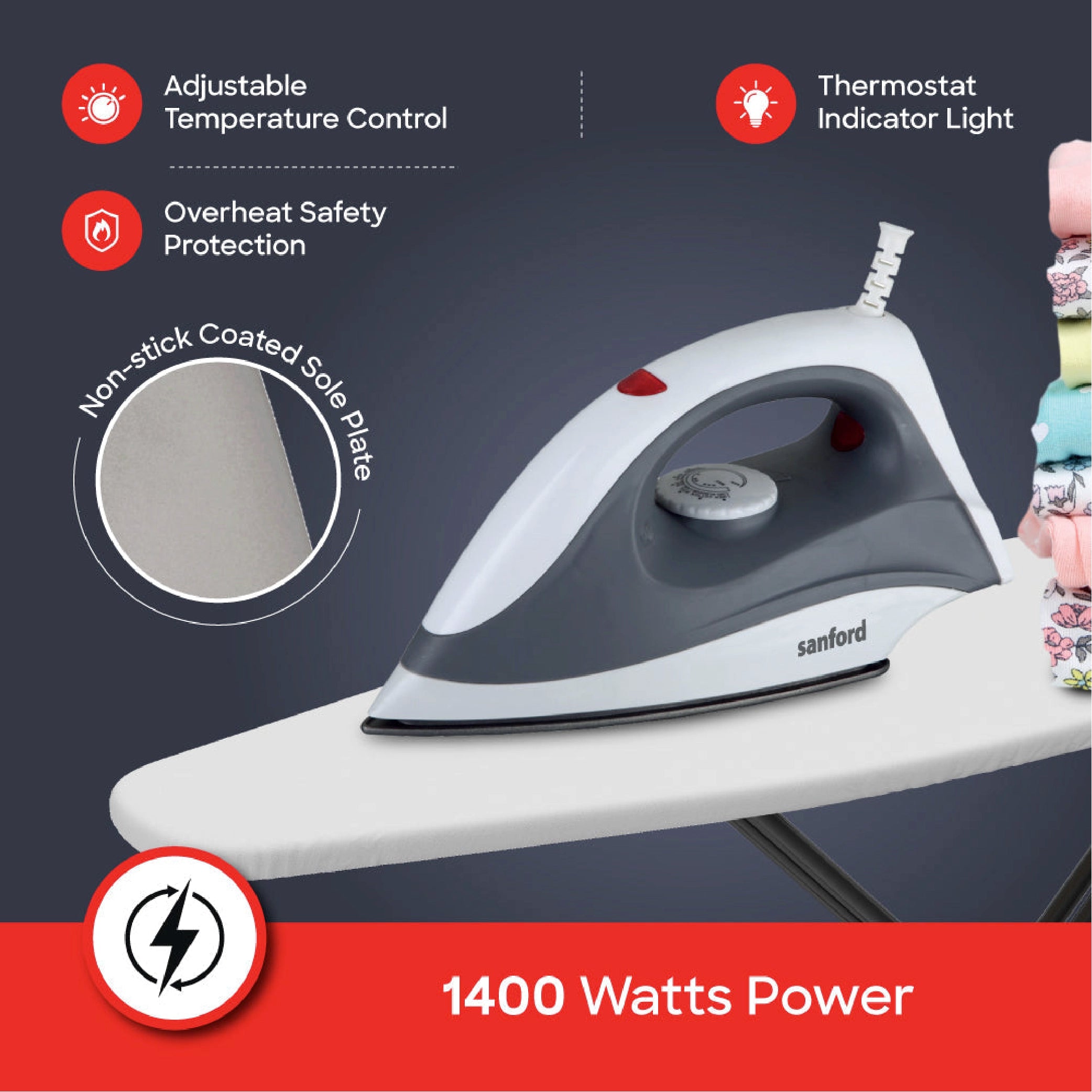 Sanford Dry Iron 1400W with Non-Stick Soleplate and Adjustable Temperature Control - SF29DI Sanford KSA