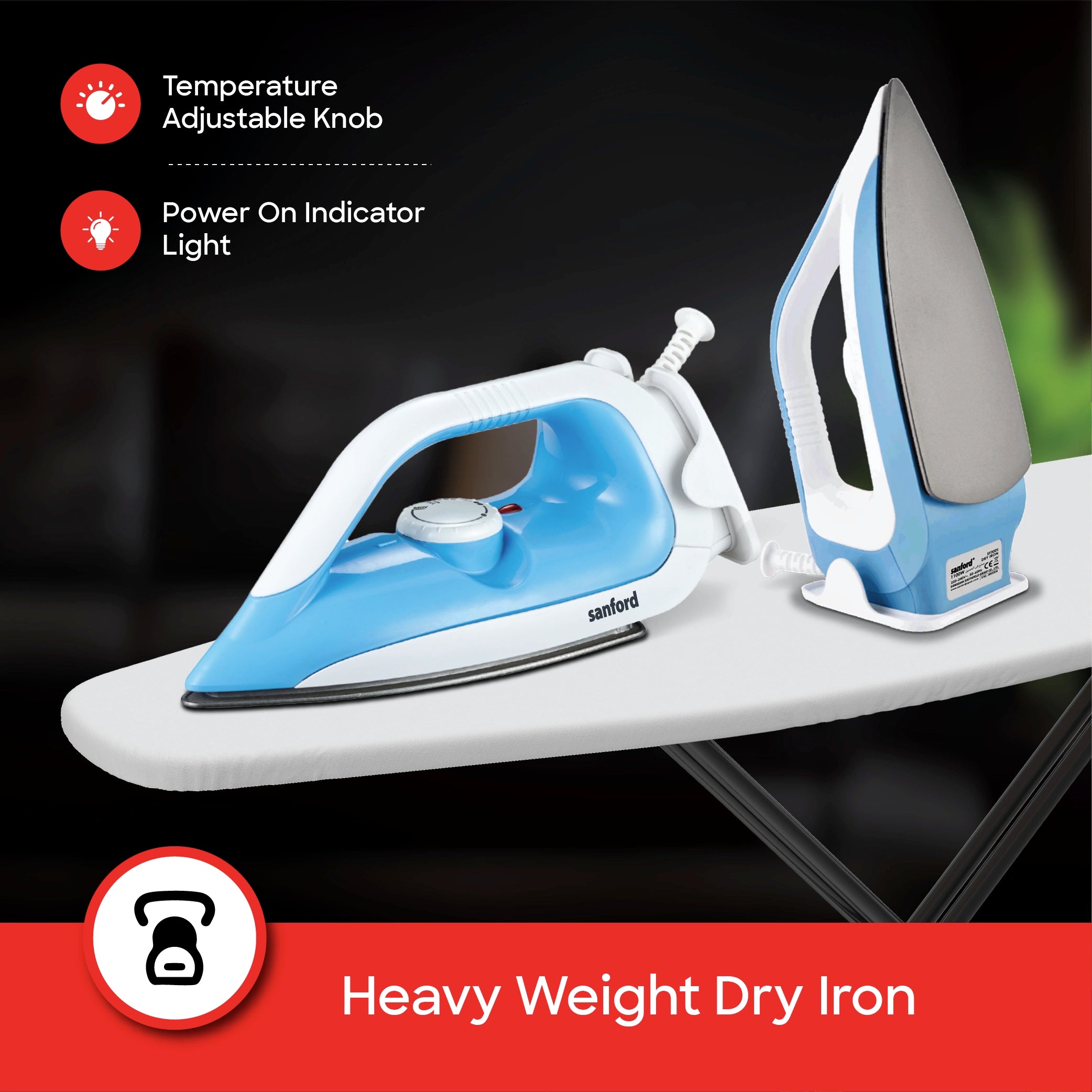 Sanford Dry Iron Heavy Weight 1100W with Non-Stick Soleplate, Adjustable Heat Control - SF30DI Sanford KSA