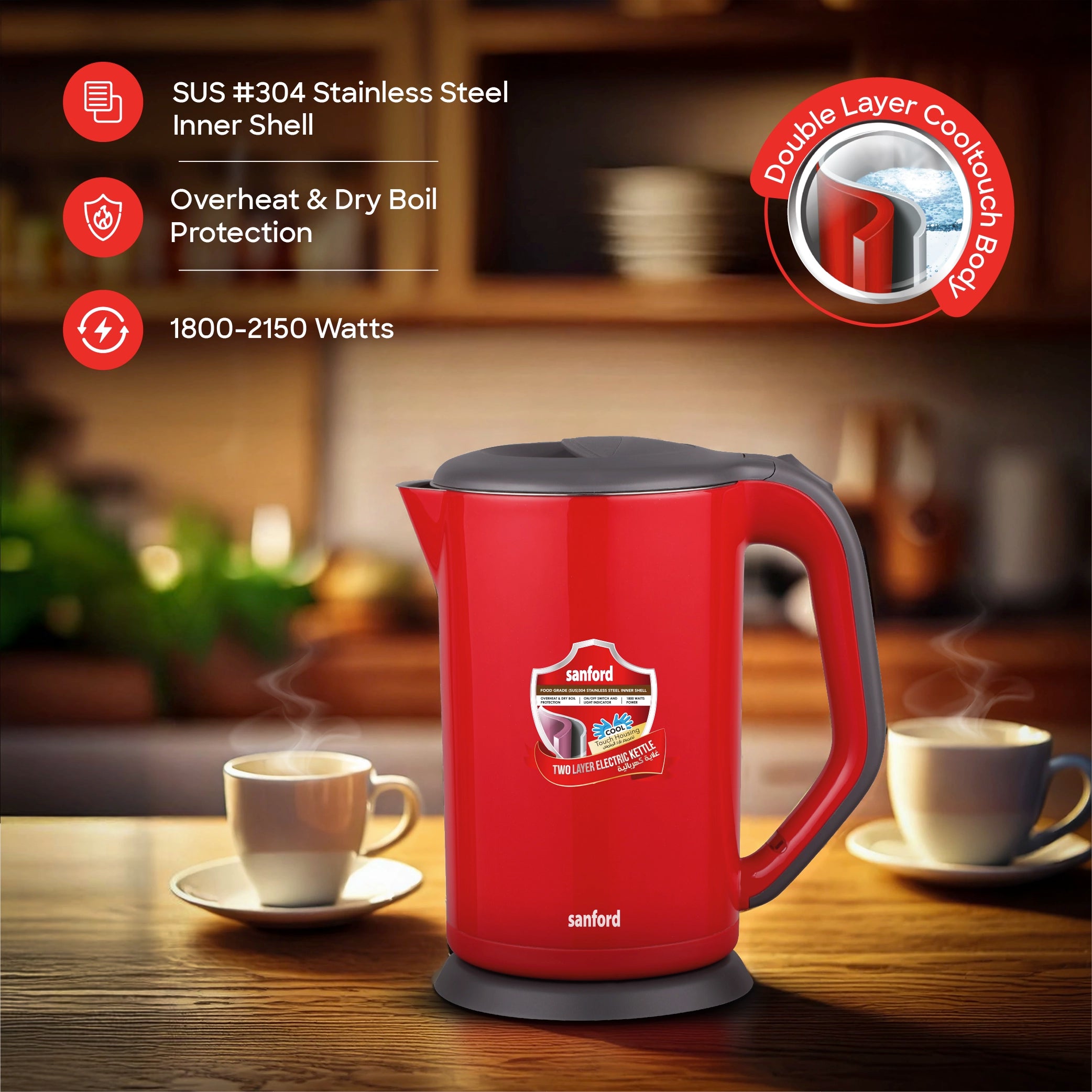 Sanford 1.7L Stainless Steel Electric Kettle 2150W with Cool-Touch Body - SF3328EK Sanford KSA