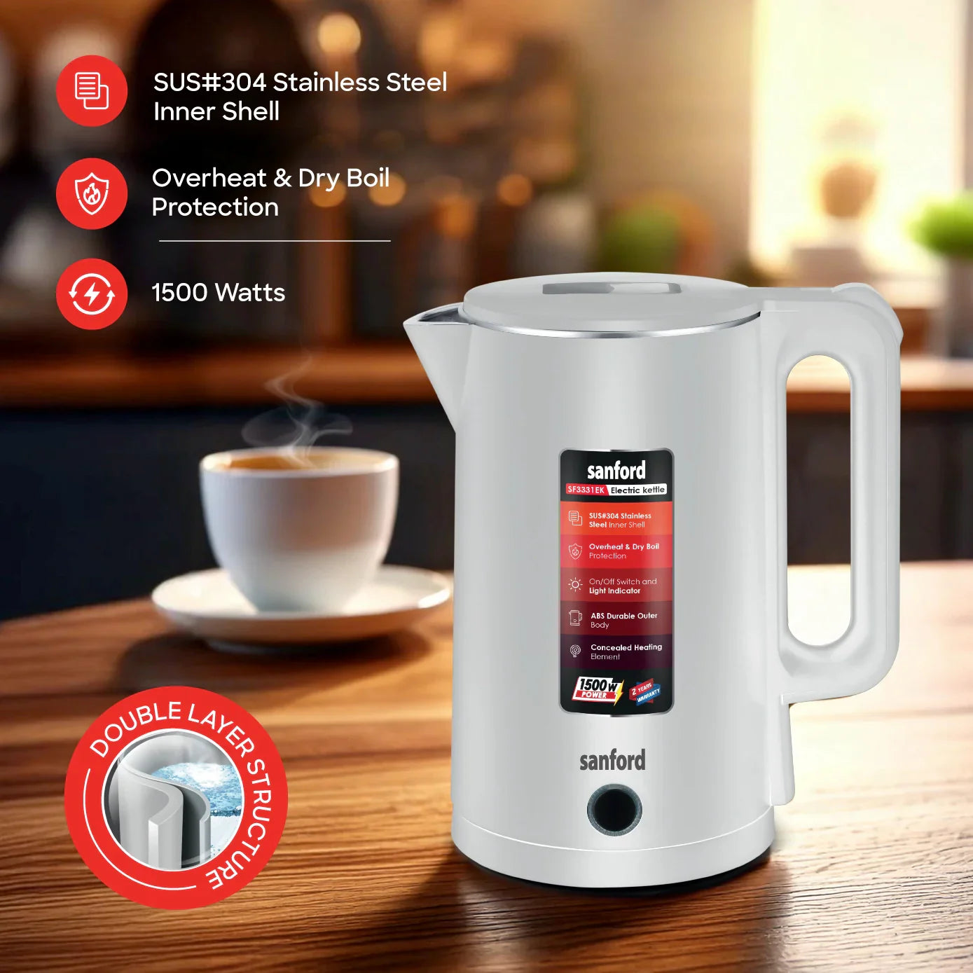 best electric kettle 1.8L double layer cordless sanford 3