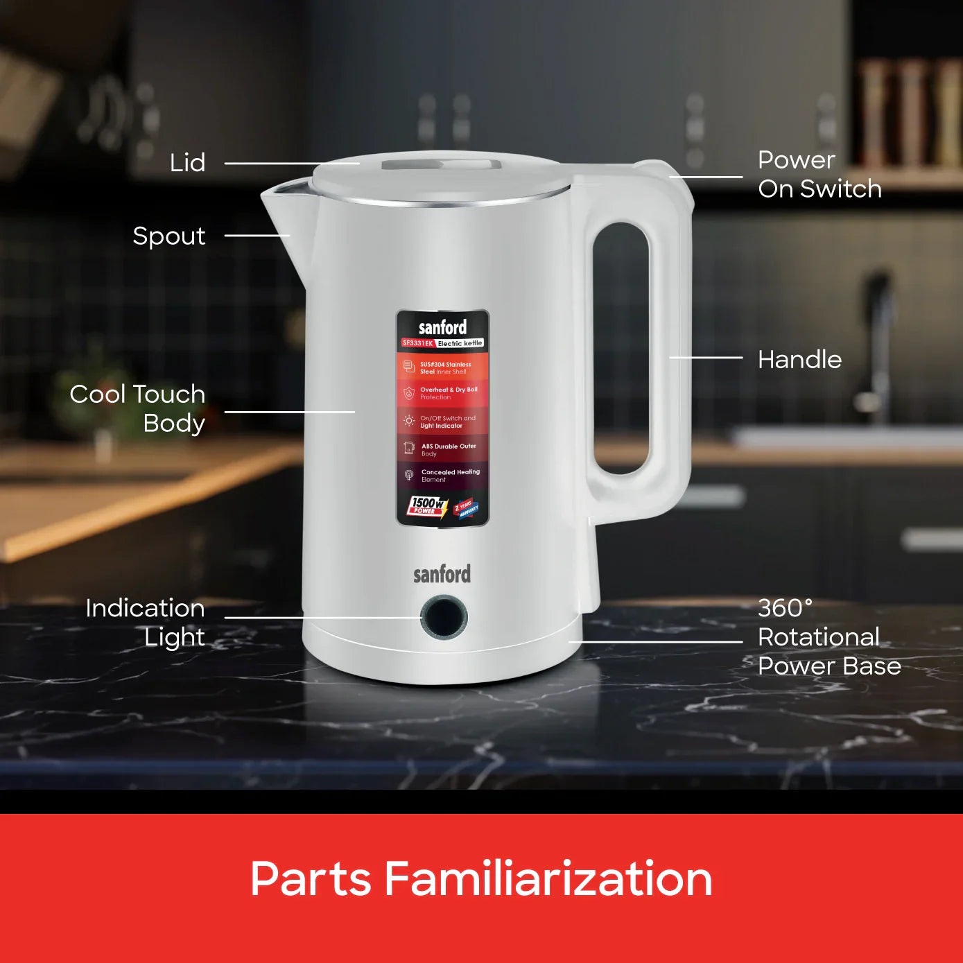 best electric kettle 1.8L double layer cordless sanford 6