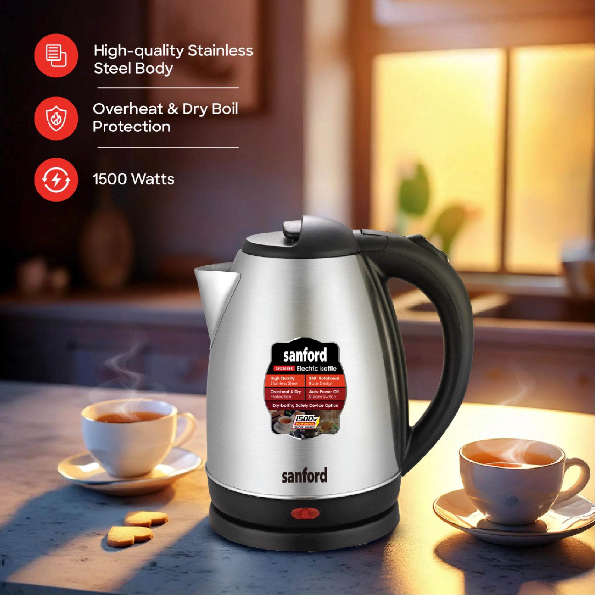 Sanford 1.8L Stainless Steel Electric Kettle 1500W Matte Finish - SF3343EK Sanford KSA