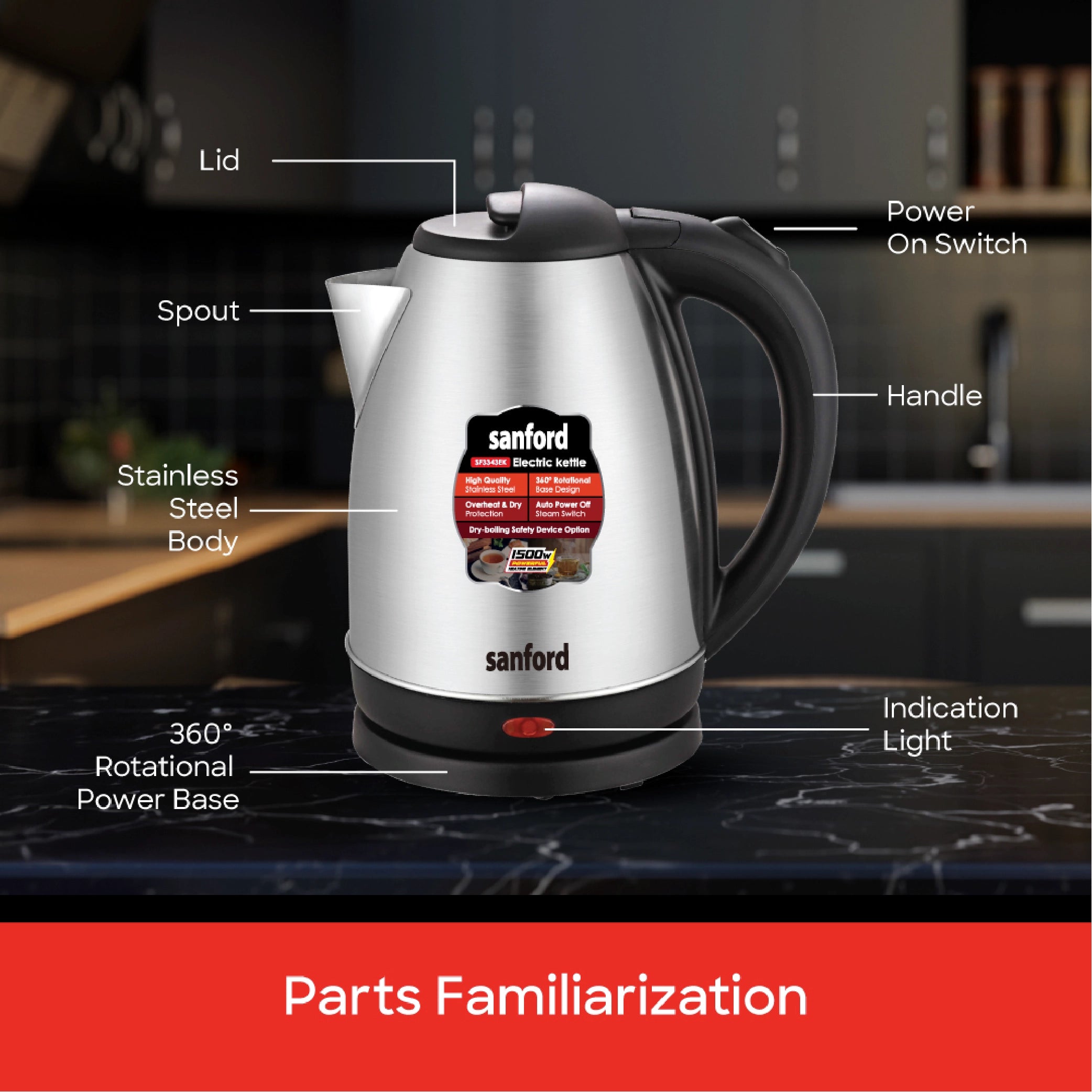 Sanford 1.8L Stainless Steel Electric Kettle 1500W Matte Finish - SF3343EK Sanford KSA