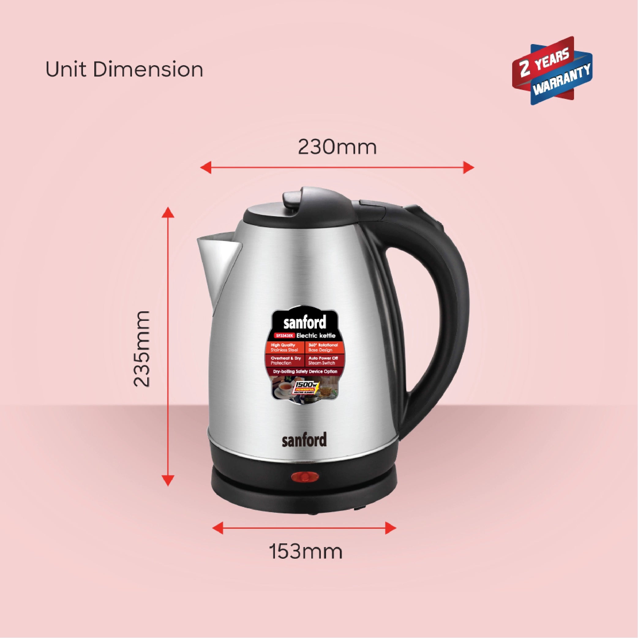 Sanford 1.8L Stainless Steel Electric Kettle 1500W Matte Finish - SF3343EK Sanford KSA