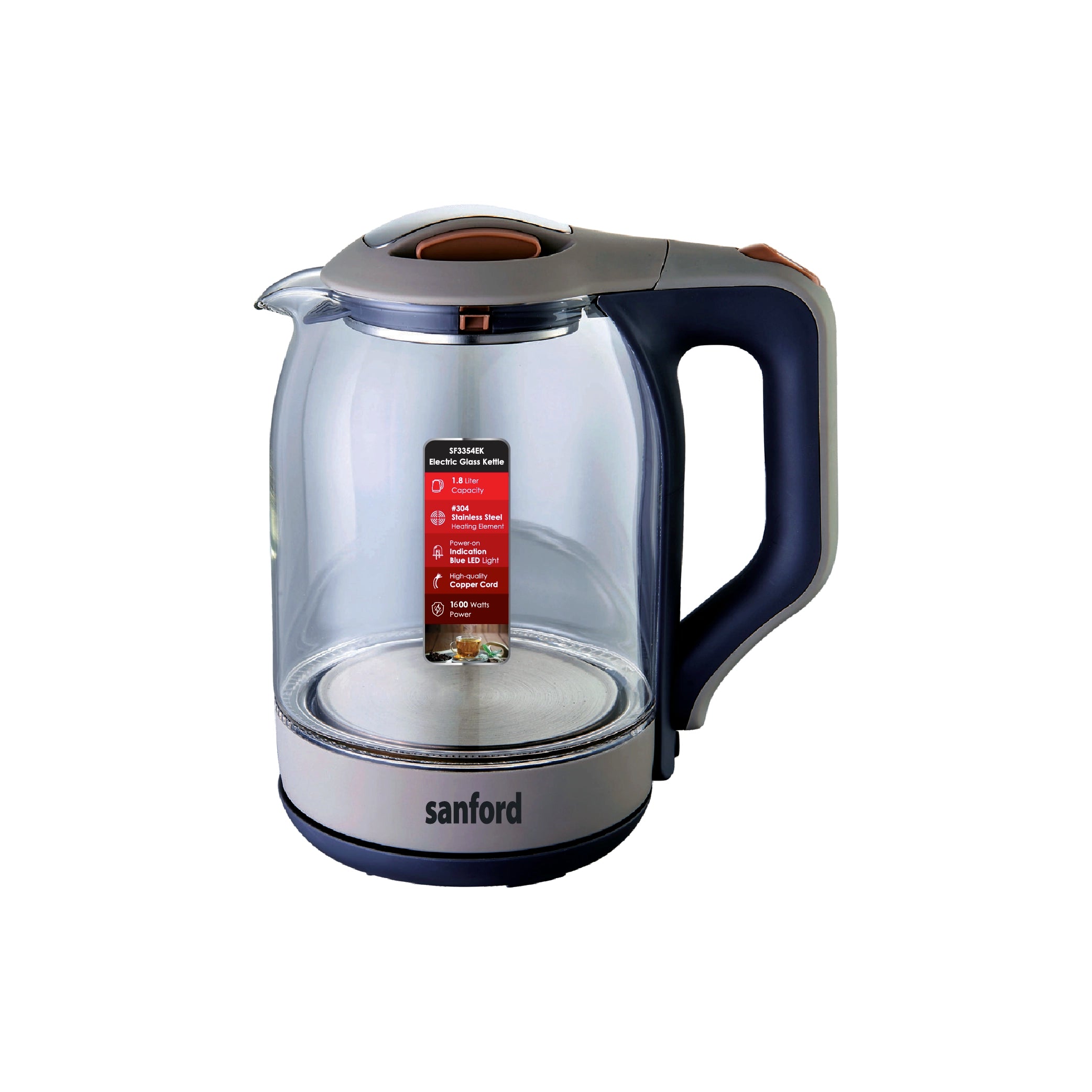 Sanford 1.8L Glass Electric Kettle 1600W with LED Light & Stainless Steel Heating - SF3354EK Sanford KSA