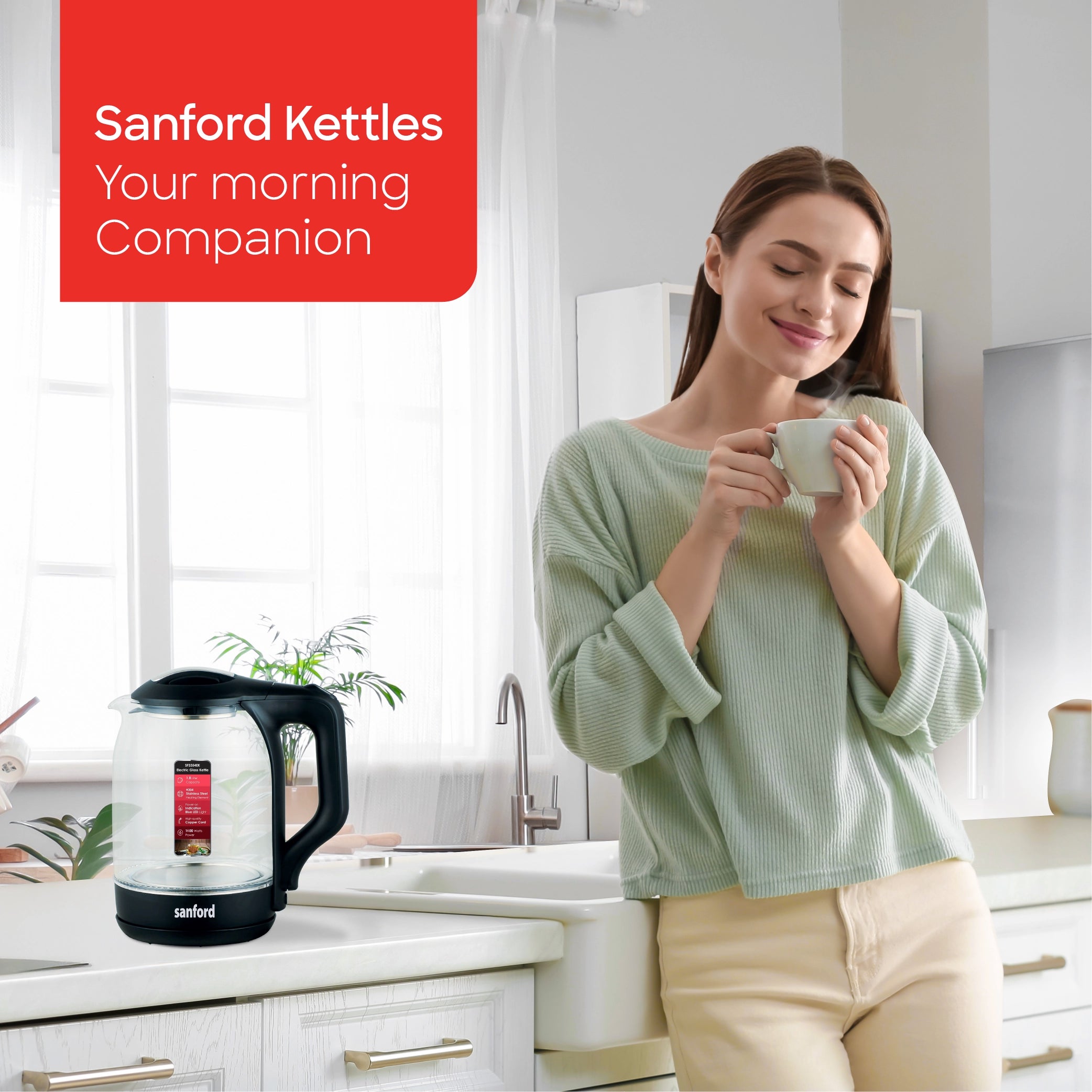 Sanford 1.8L Glass Electric Kettle 1600W with LED Light & Stainless Steel Heating - SF3354EK Sanford KSA