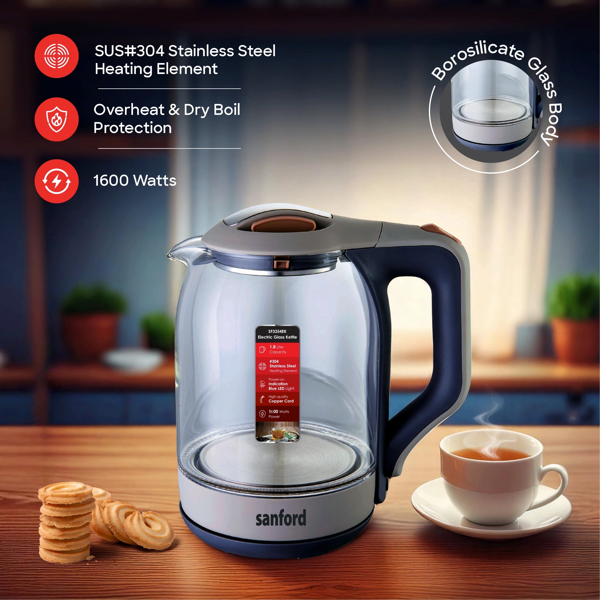 Sanford 1.8L Glass Electric Kettle 1600W with LED Light & Stainless Steel Heating - SF3354EK Sanford KSA
