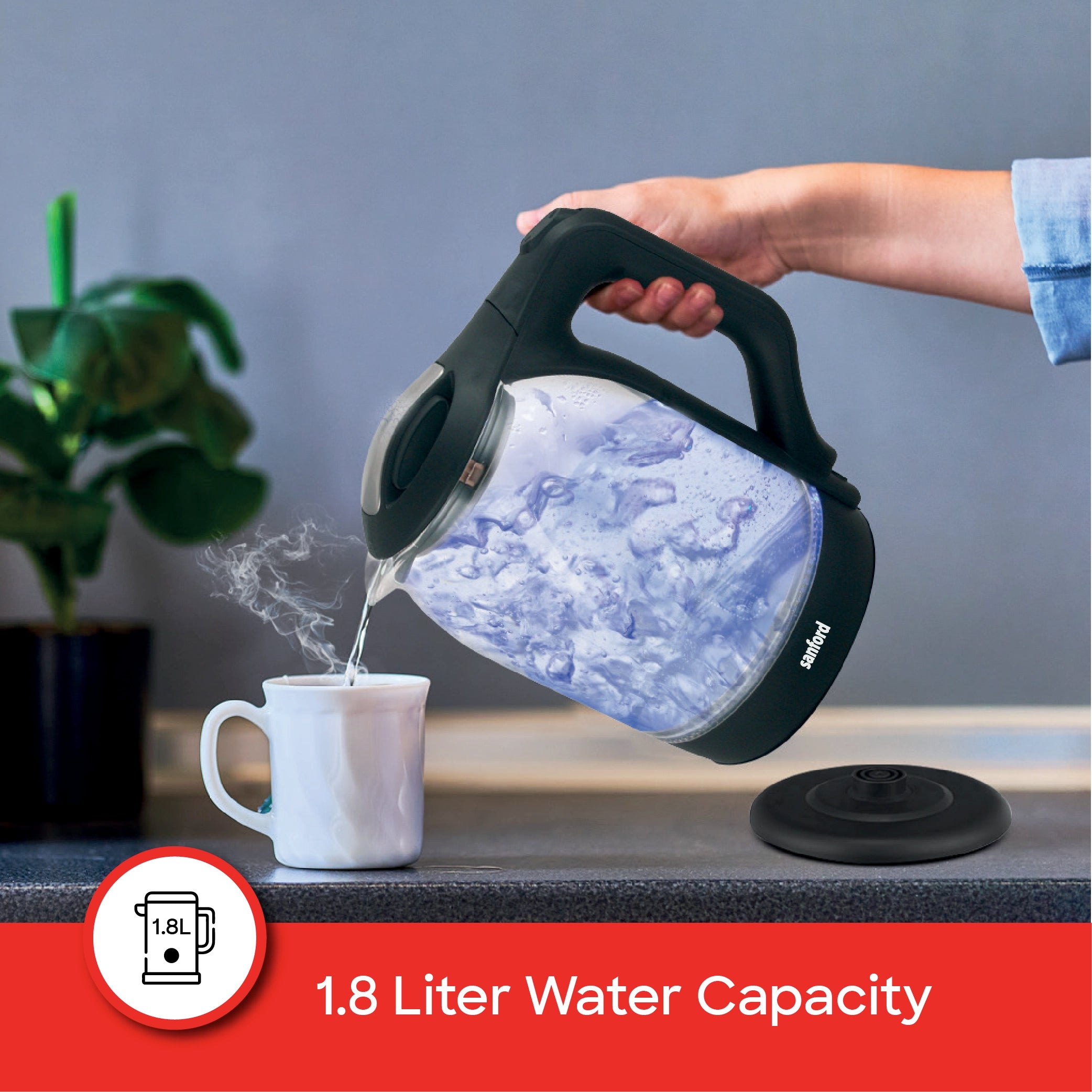 Sanford 1.8L Glass Electric Kettle 1600W with LED Light & Stainless Steel Heating - SF3354EK Sanford KSA