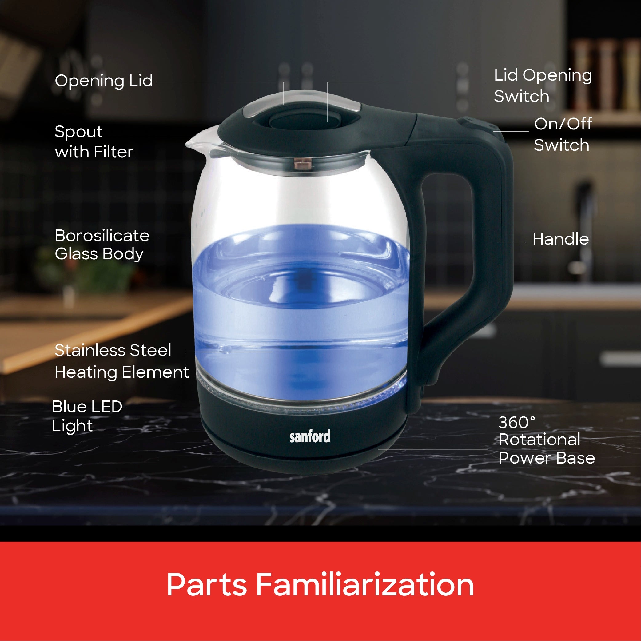 Sanford 1.8L Glass Electric Kettle 1600W with LED Light & Stainless Steel Heating - SF3354EK Sanford KSA