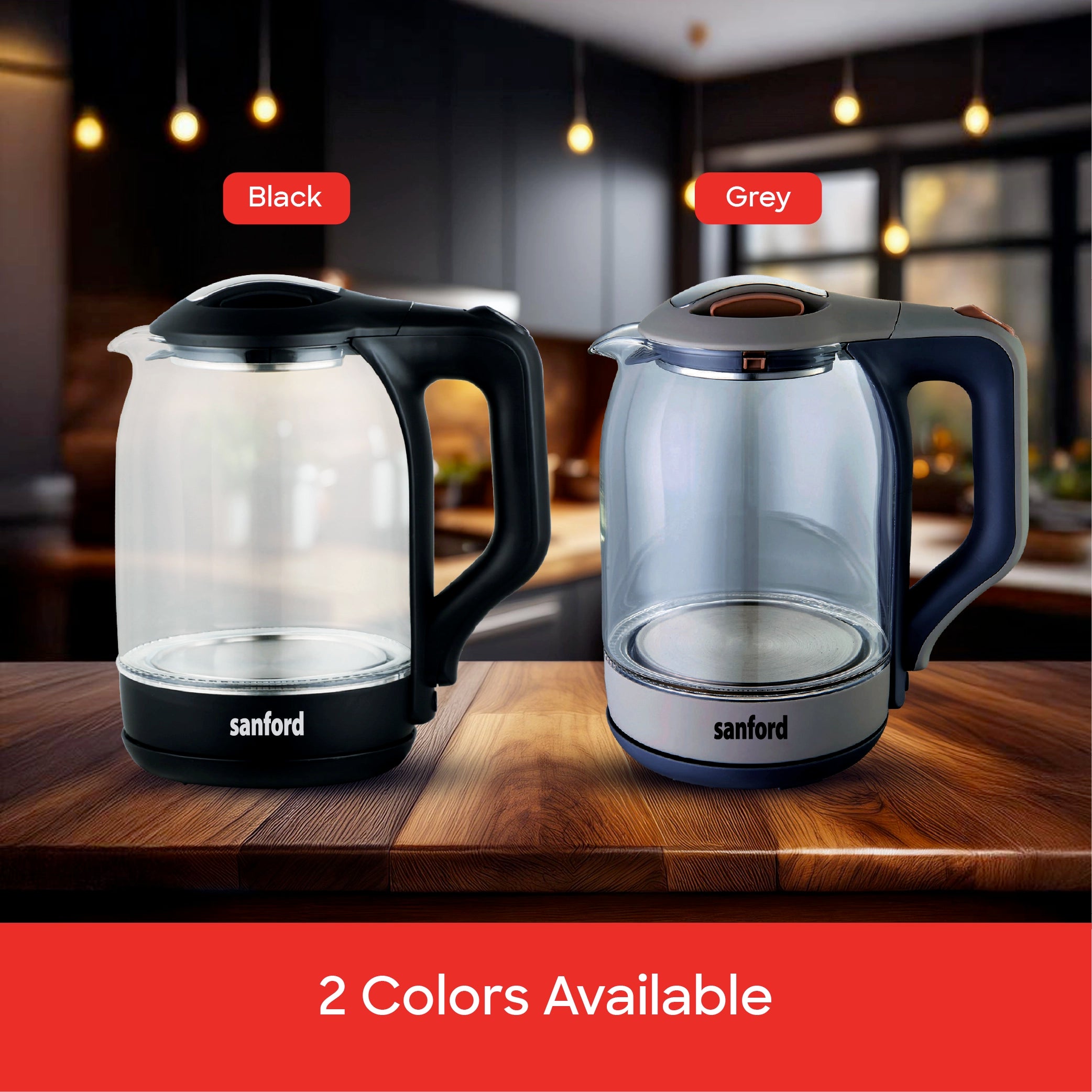Sanford 1.8L Glass Electric Kettle 1600W with LED Light & Stainless Steel Heating - SF3354EK Sanford KSA
