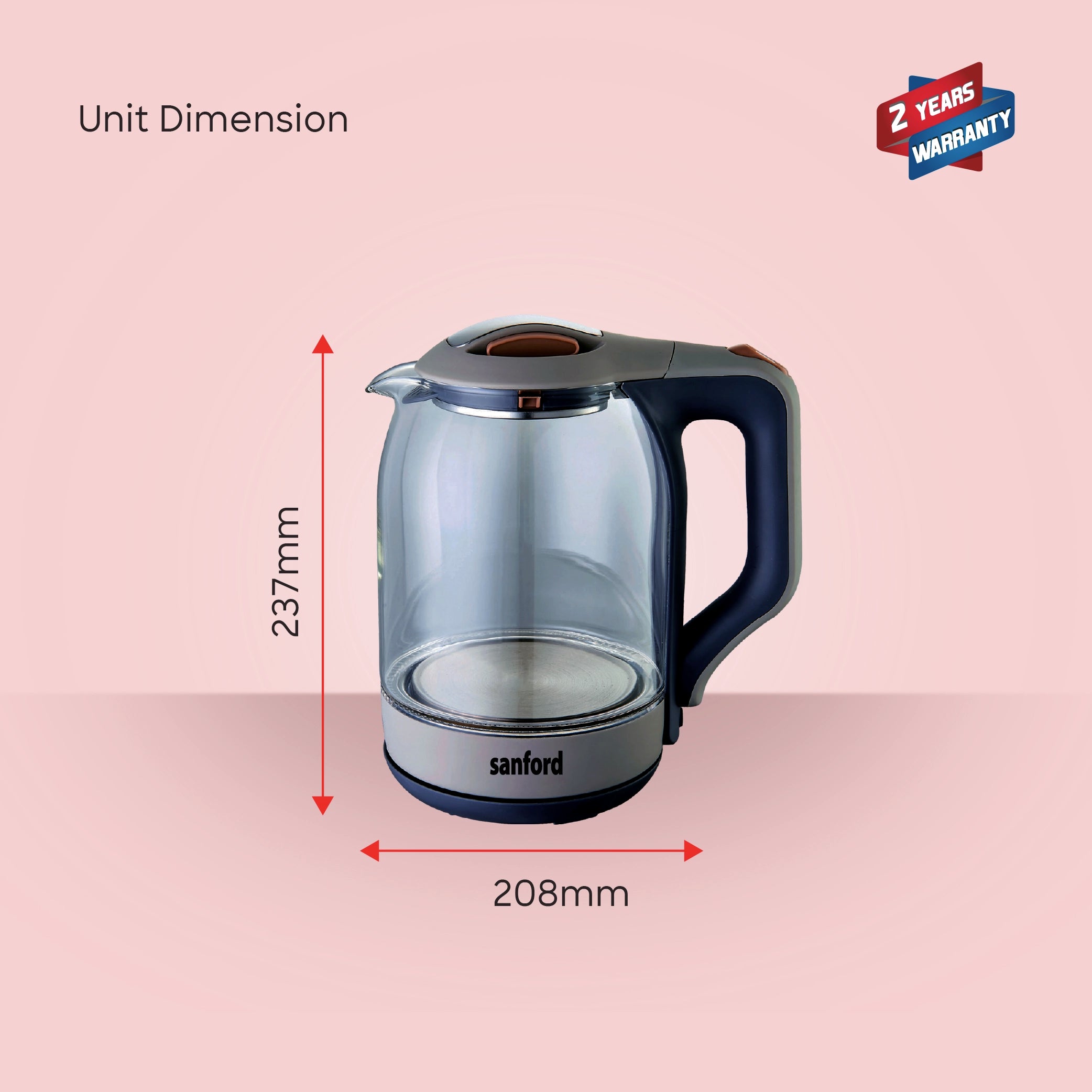 Sanford 1.8L Glass Electric Kettle 1600W with LED Light & Stainless Steel Heating - SF3354EK Sanford KSA