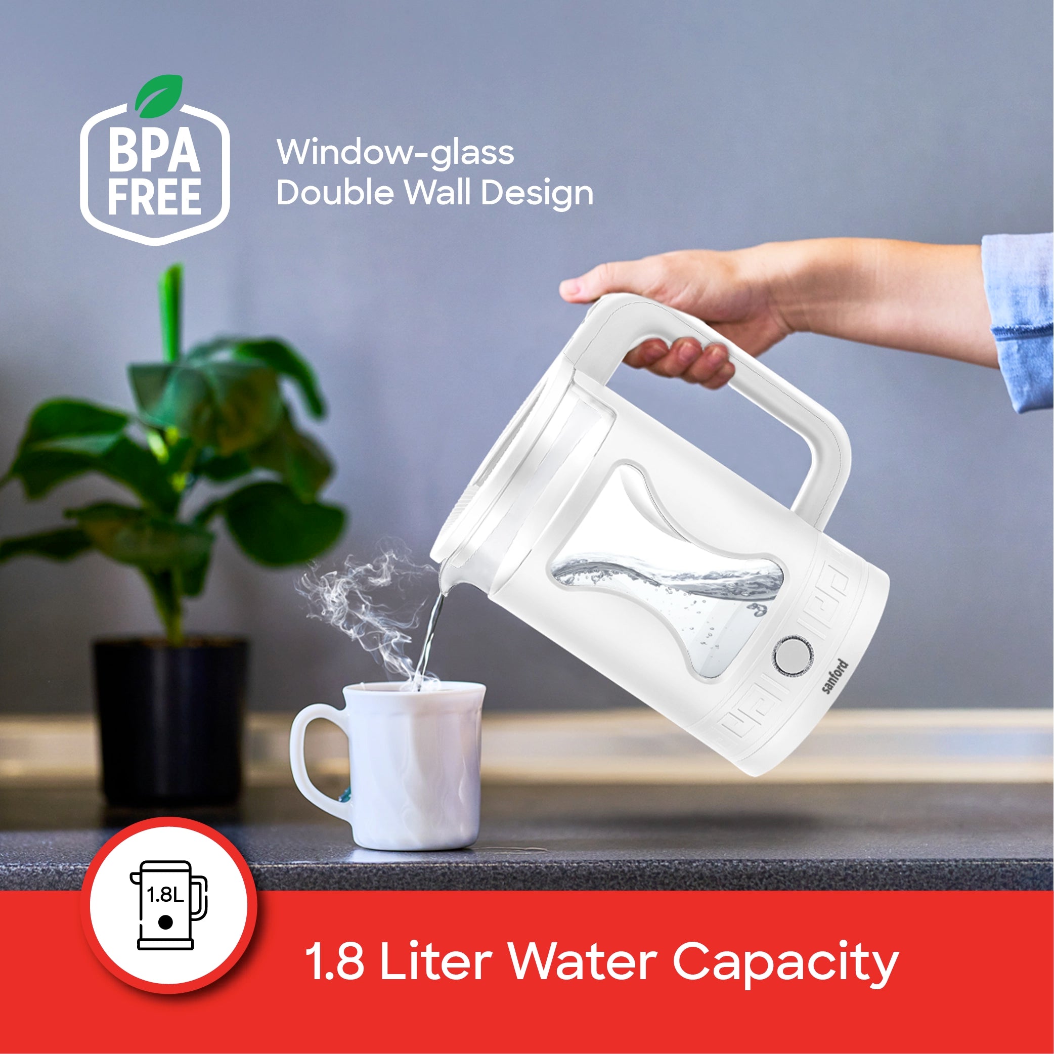Sanford 1.8L Glass Electric Kettle 1355W Double-Wall Cool-Touch - SF3359EK Sanford KSA