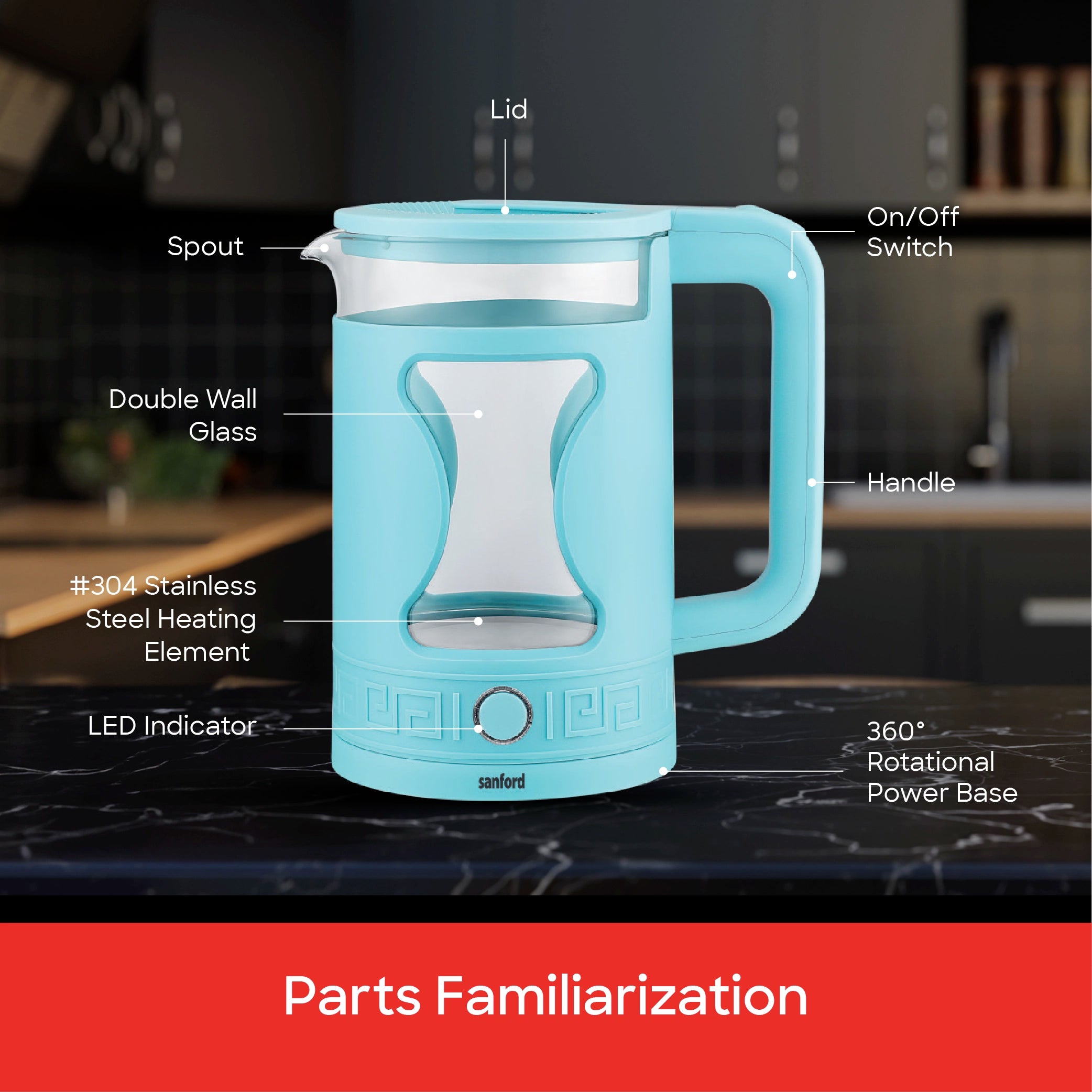 Sanford 1.8L Glass Electric Kettle 1355W Double-Wall Cool-Touch - SF3359EK Sanford KSA