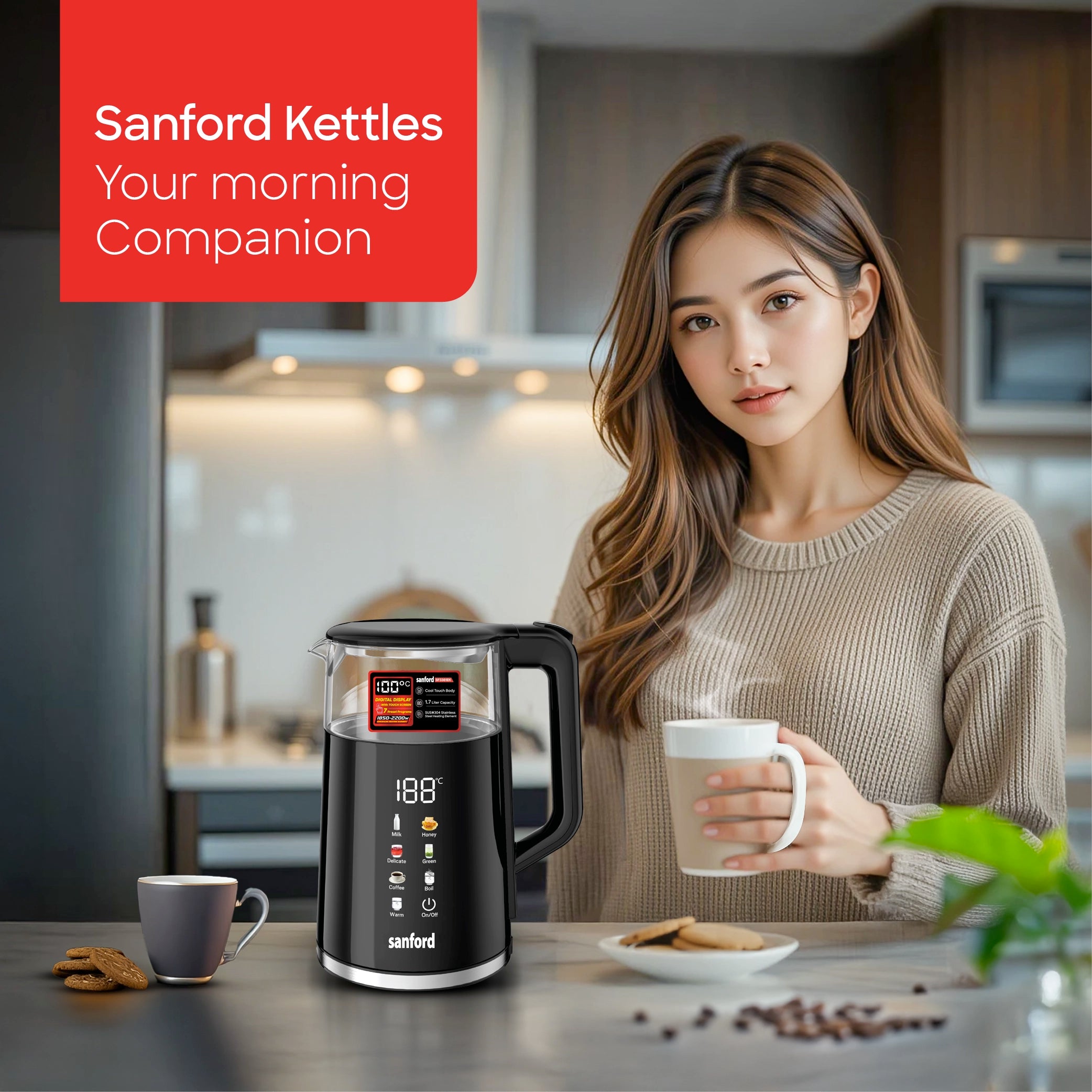Sanford 1.7L Digital Electric Kettle 2200W with Touch Display & 7 Modes - SF3361EK