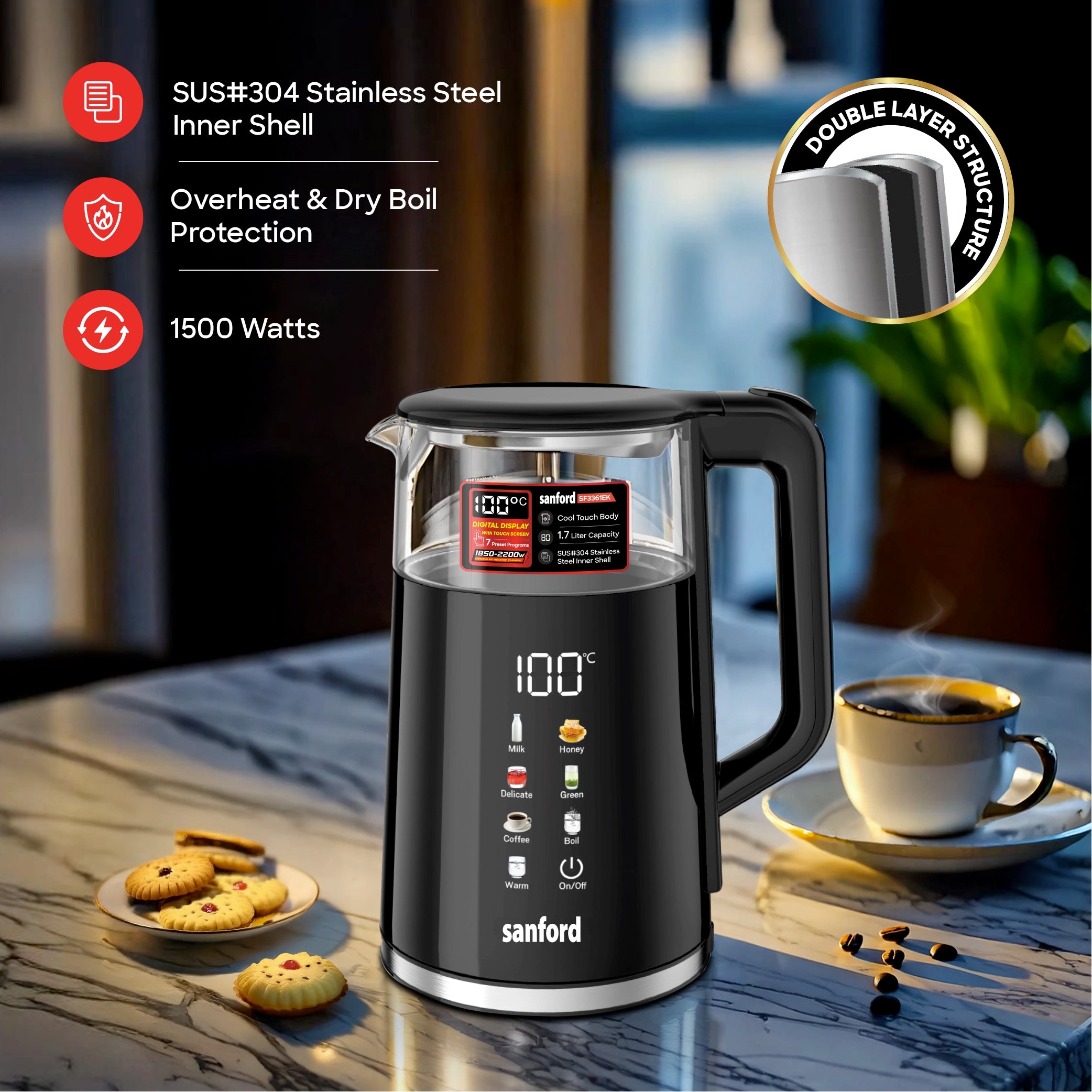Sanford 1.7L Digital Electric Kettle 2200W with Touch Display & 7 Modes - SF3361EK Sanford KSA