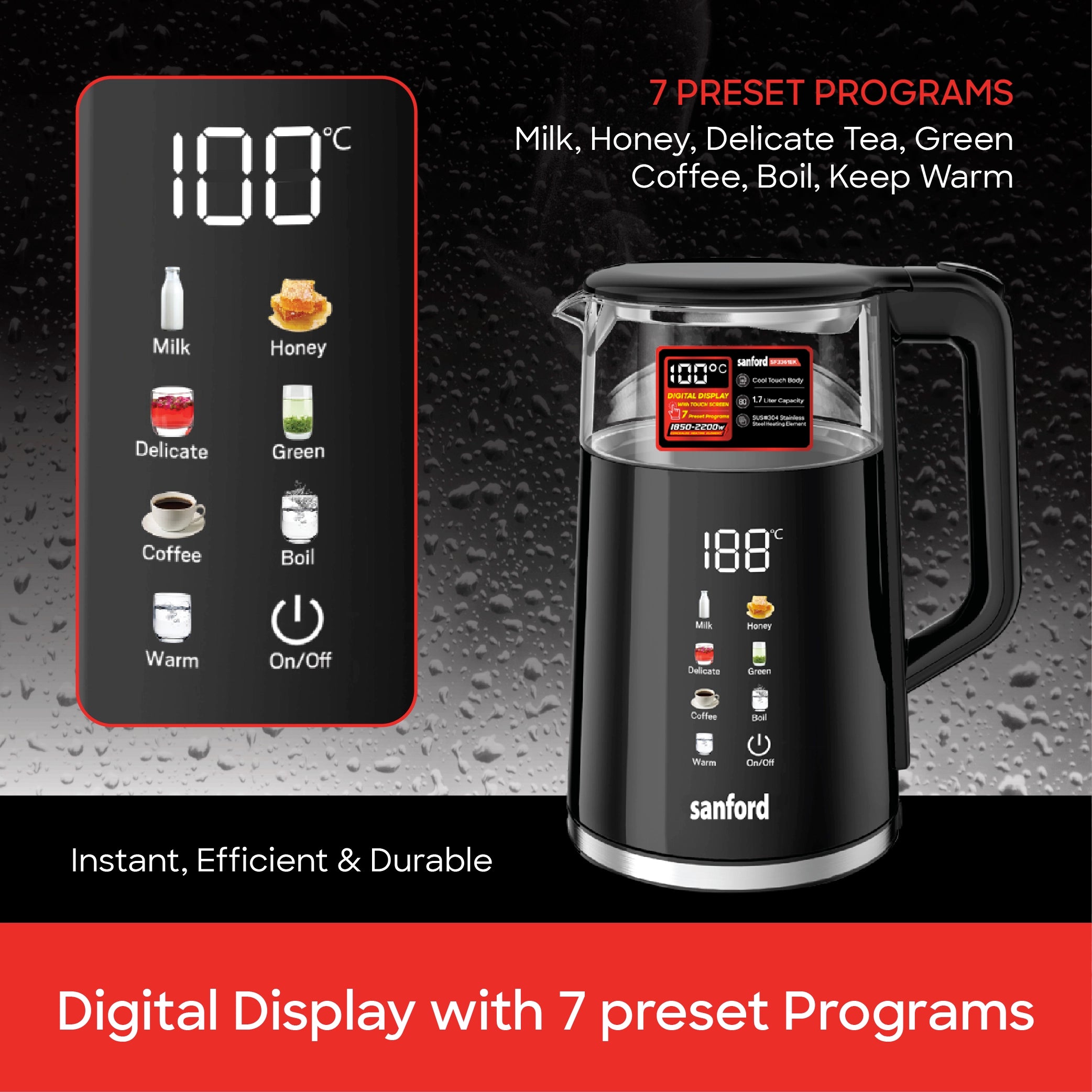 Sanford 1.7L Digital Electric Kettle 2200W with Touch Display & 7 Modes - SF3361EK Sanford KSA