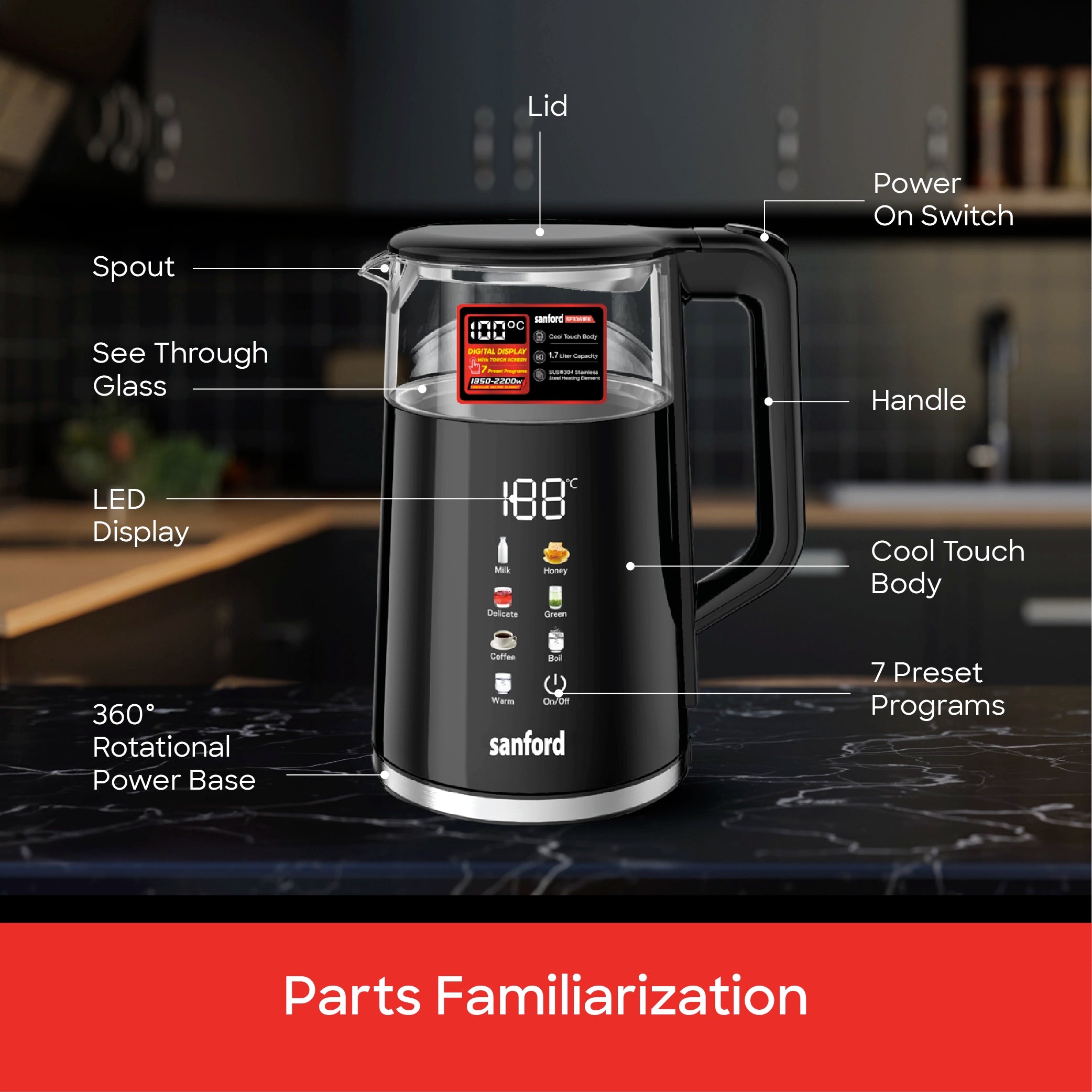 Sanford 1.7L Digital Electric Kettle 2200W with Touch Display & 7 Modes - SF3361EK Sanford KSA