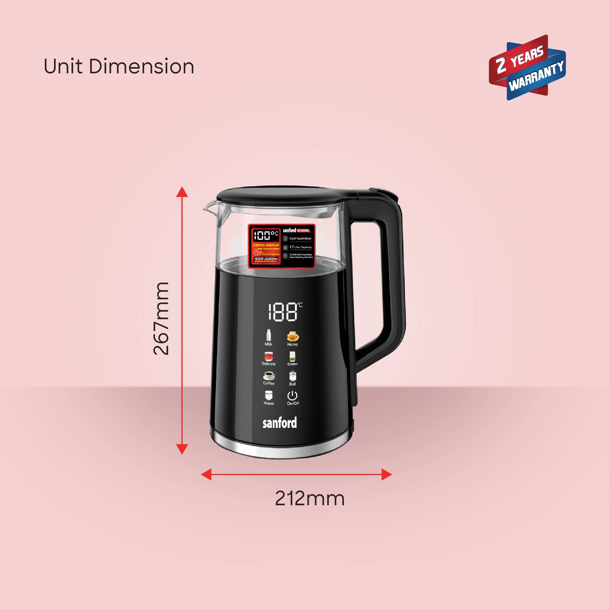 Sanford 1.7L Digital Electric Kettle 2200W with Touch Display & 7 Modes - SF3361EK Sanford KSA