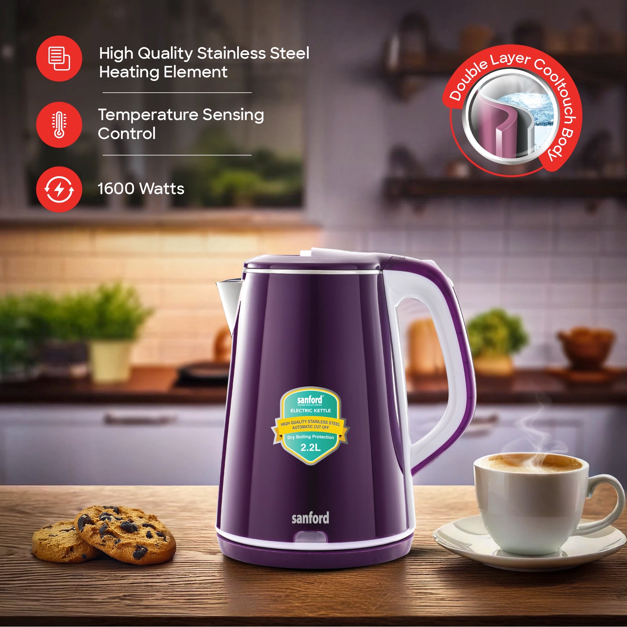 Sanford Electric Kettle 2.2L 1600W with Stainless Steel Inner Body - SF3363EK Sanford KSA