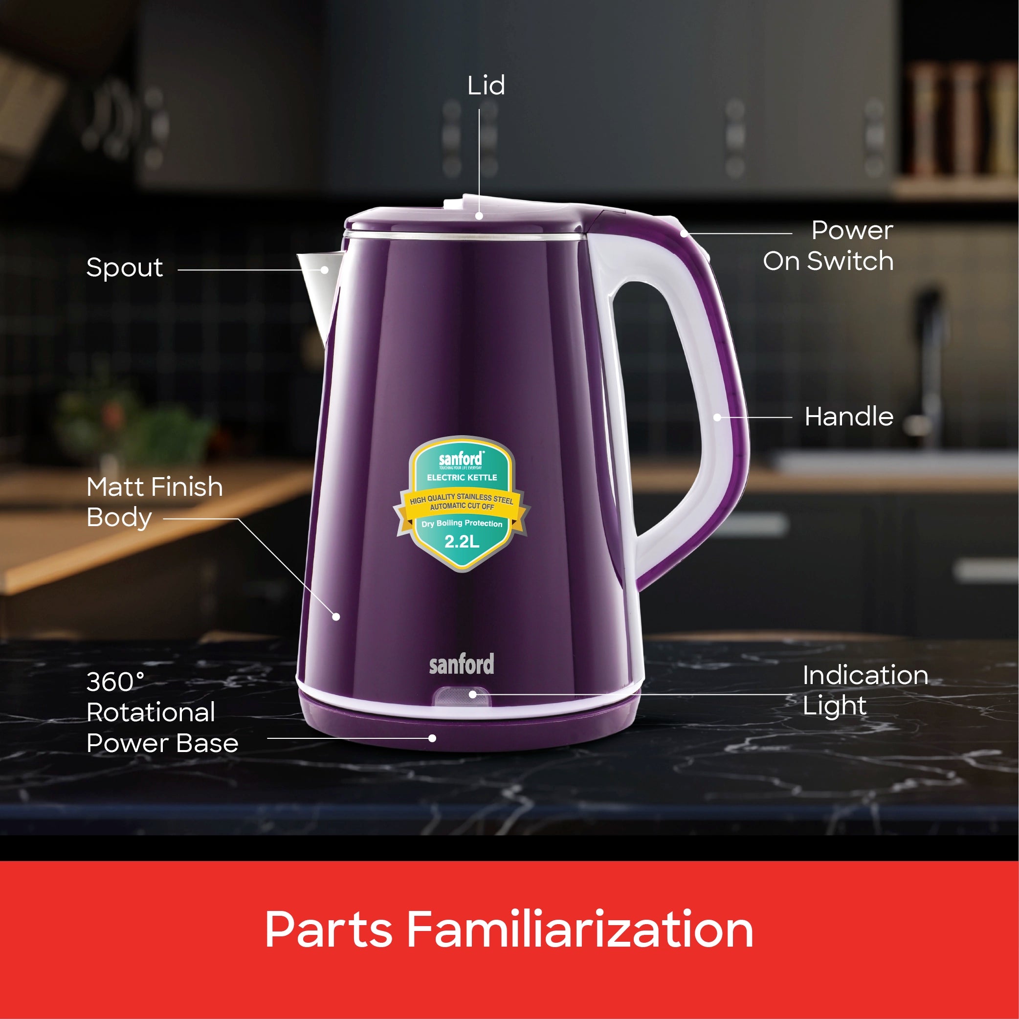 Sanford Electric Kettle 2.2L 1600W with Stainless Steel Inner Body - SF3363EK Sanford KSA